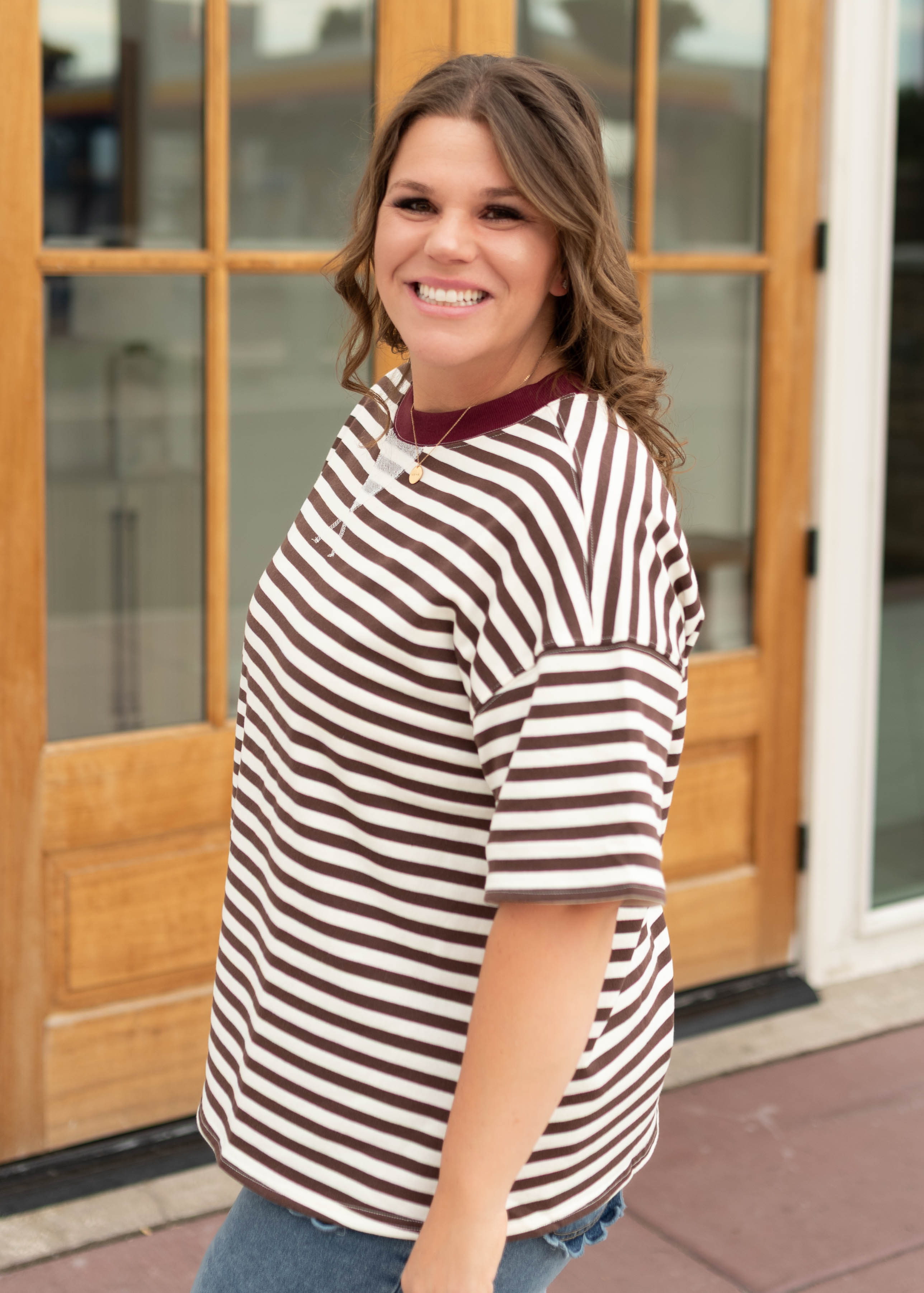 Darcy Dark Brown & White Striped Boxy Tee