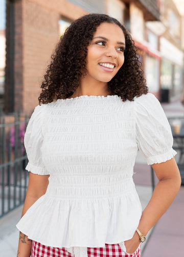 Delilah White Smocked Blouse
