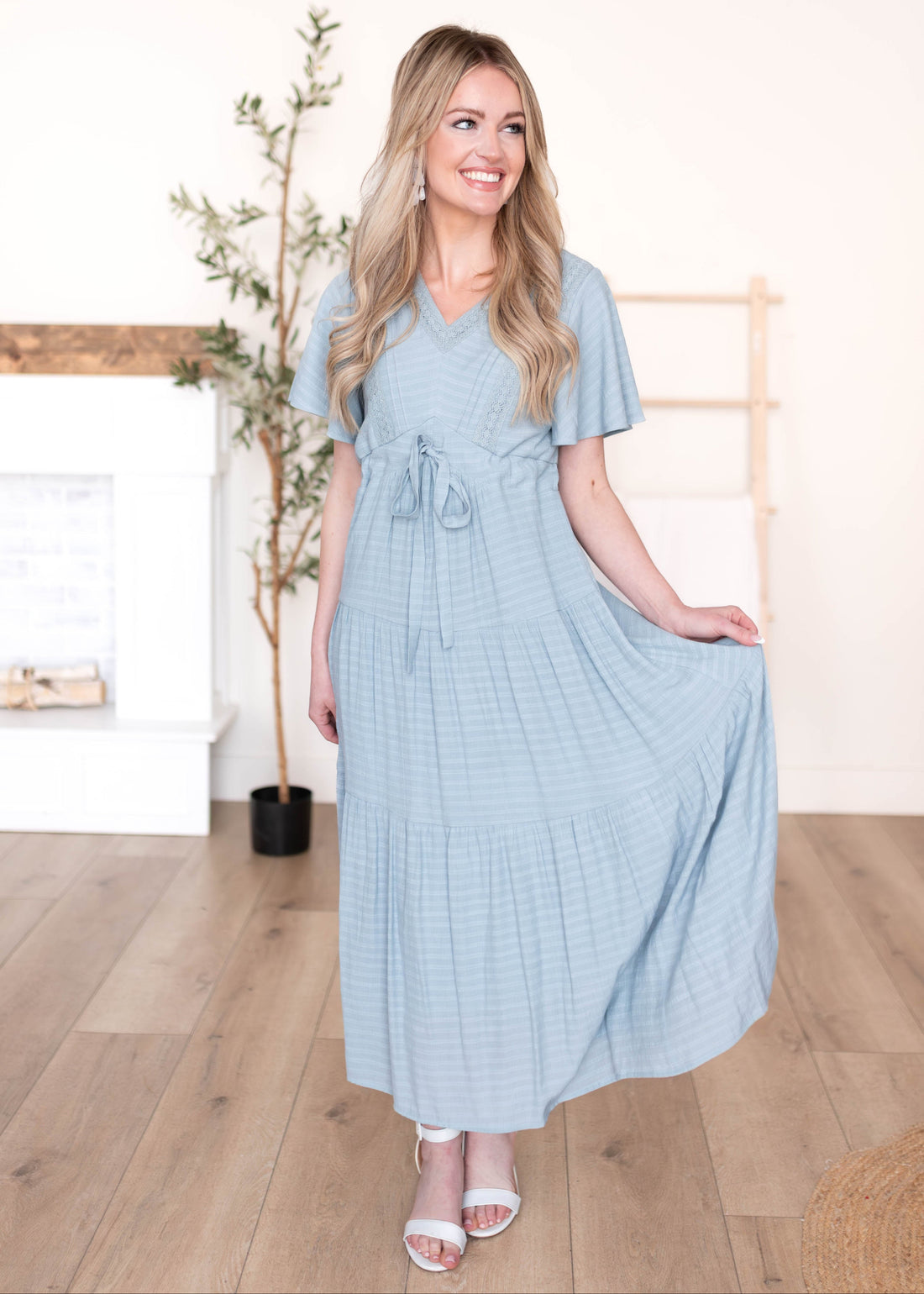 Emilee Dusty Blue Textured Tiered Dress