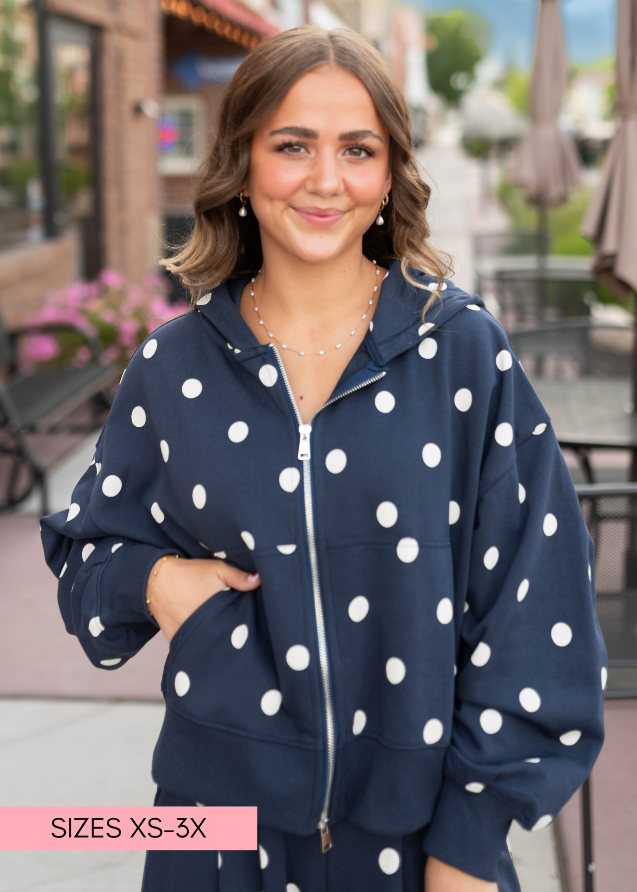 Erica Navy & Ivory Polka Dot Zip-Up Hoodie