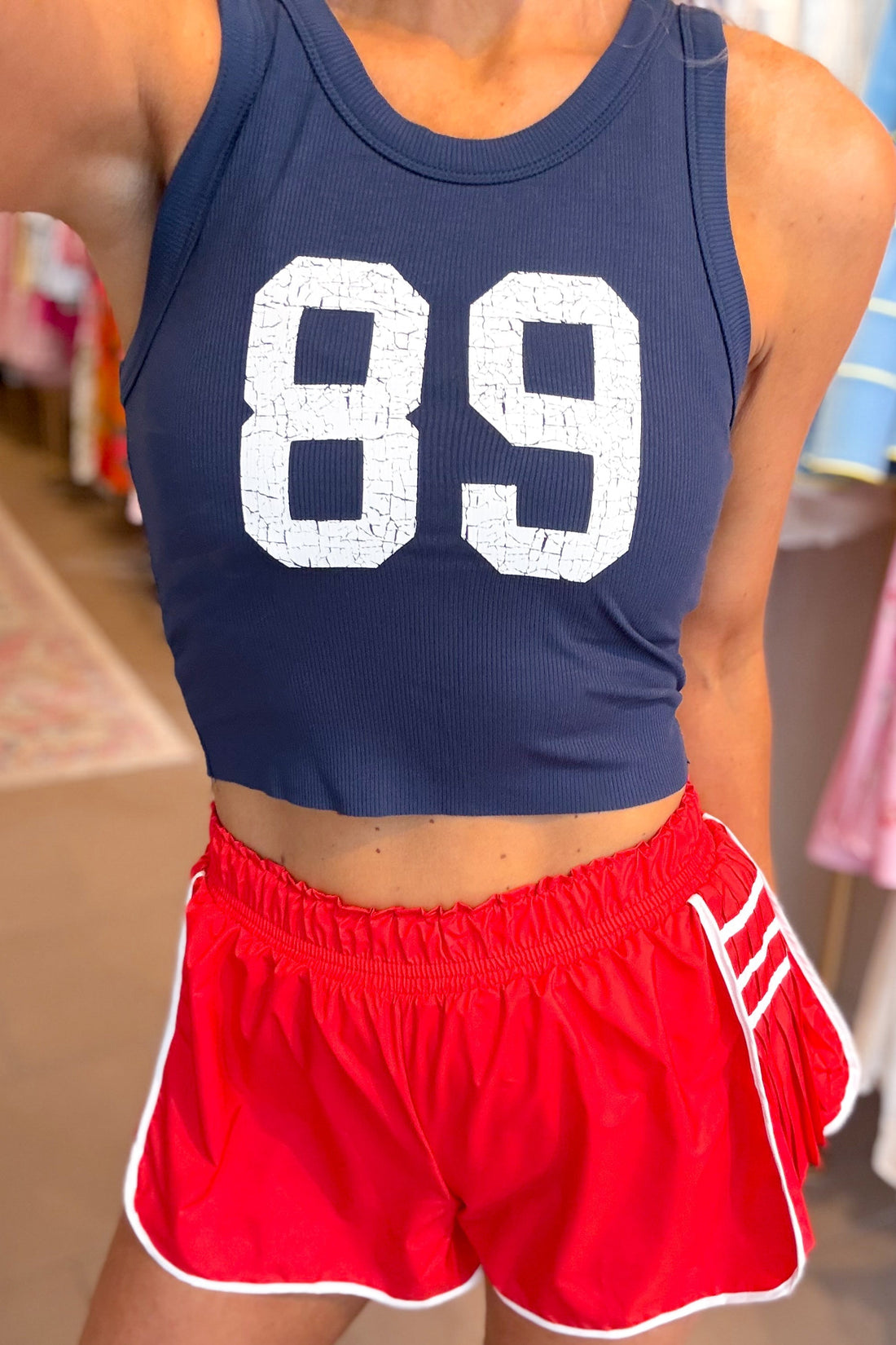 On Point Red and White Pleated Detail Athletic Shorts
