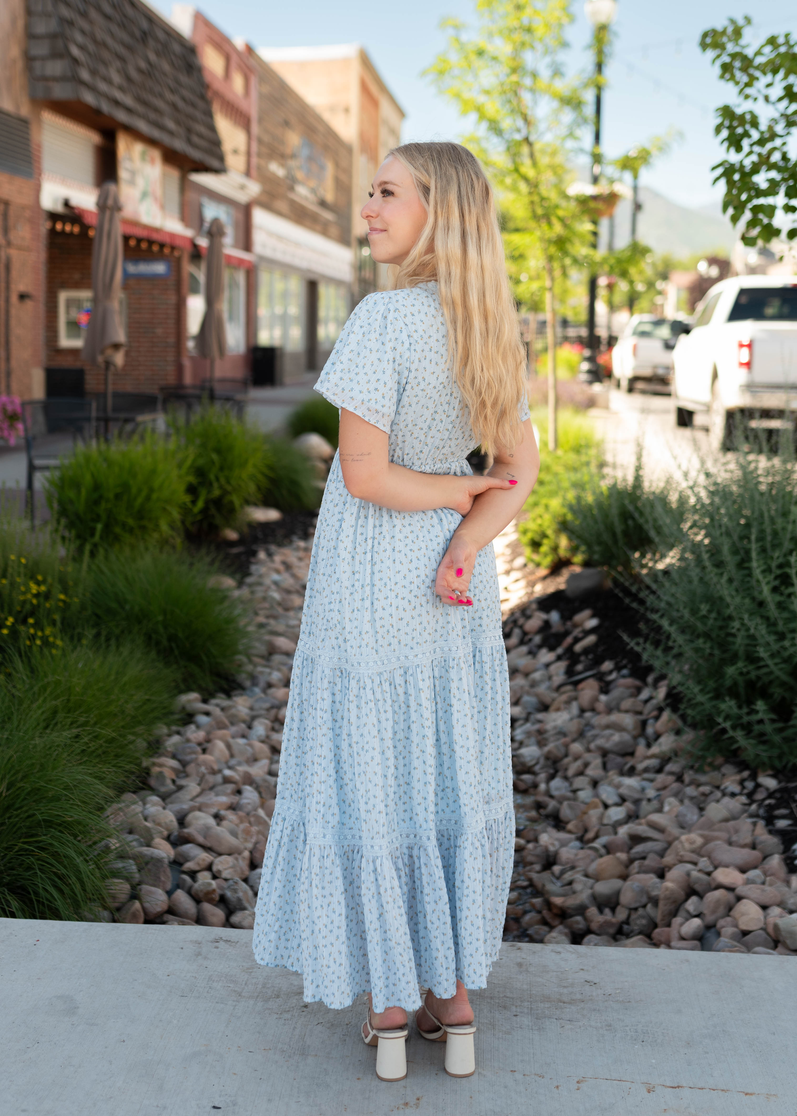 Lena & Lou Hadley Blue and Yellow Floral Lace Dress
