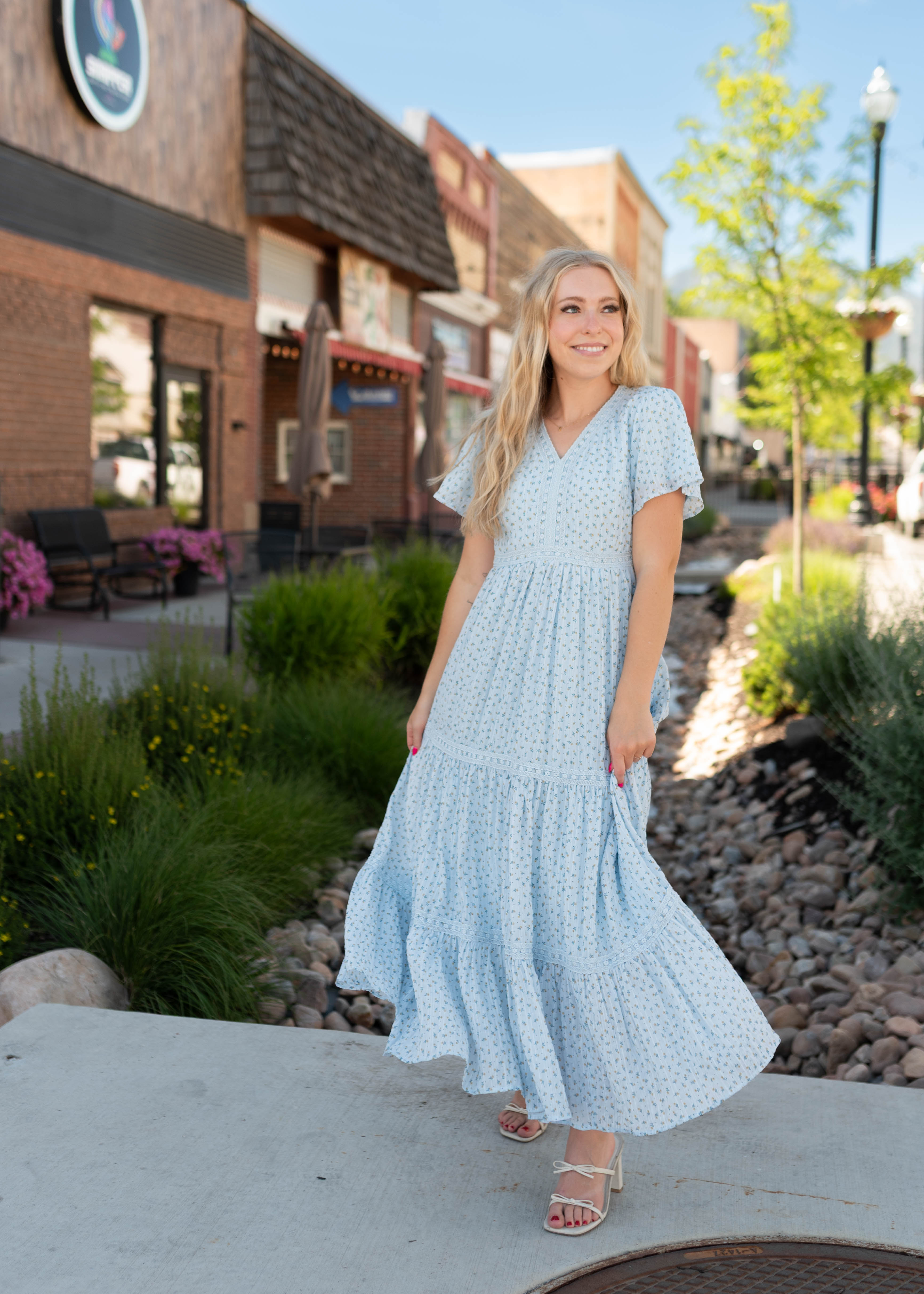 Lena & Lou Hadley Blue and Yellow Floral Lace Dress