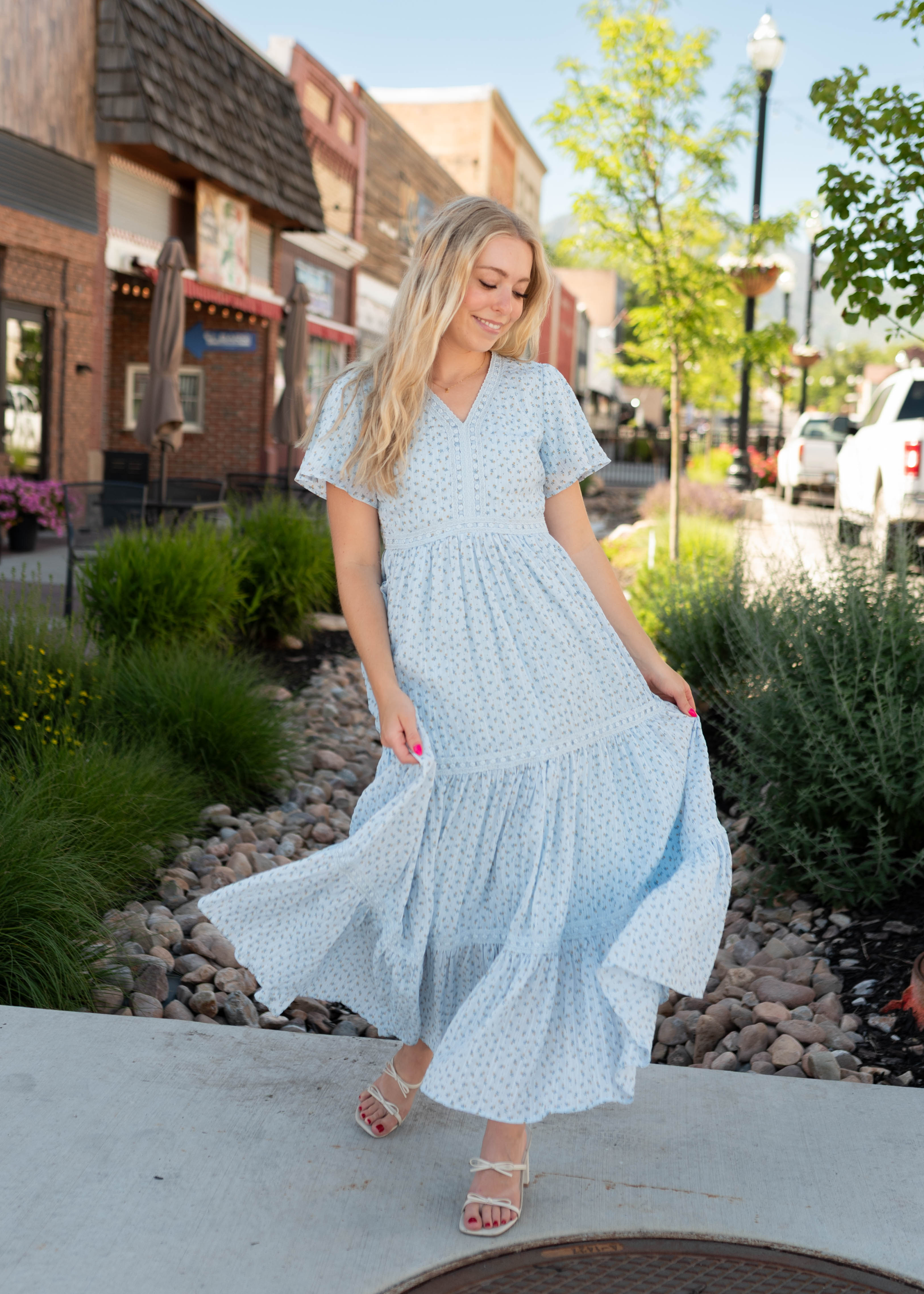 Lena & Lou Hadley Blue and Yellow Floral Lace Dress