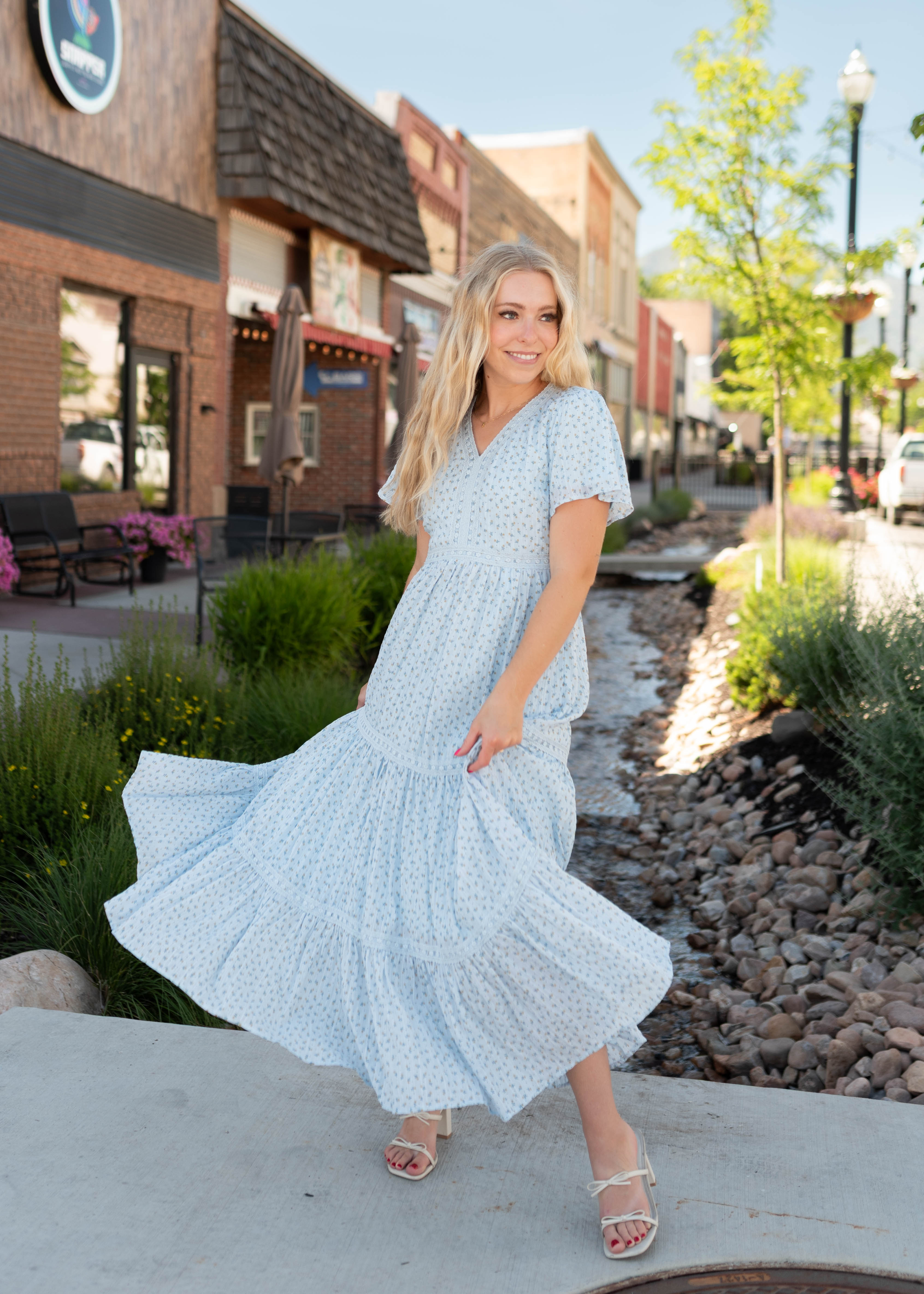 Lena & Lou Hadley Blue and Yellow Floral Lace Dress
