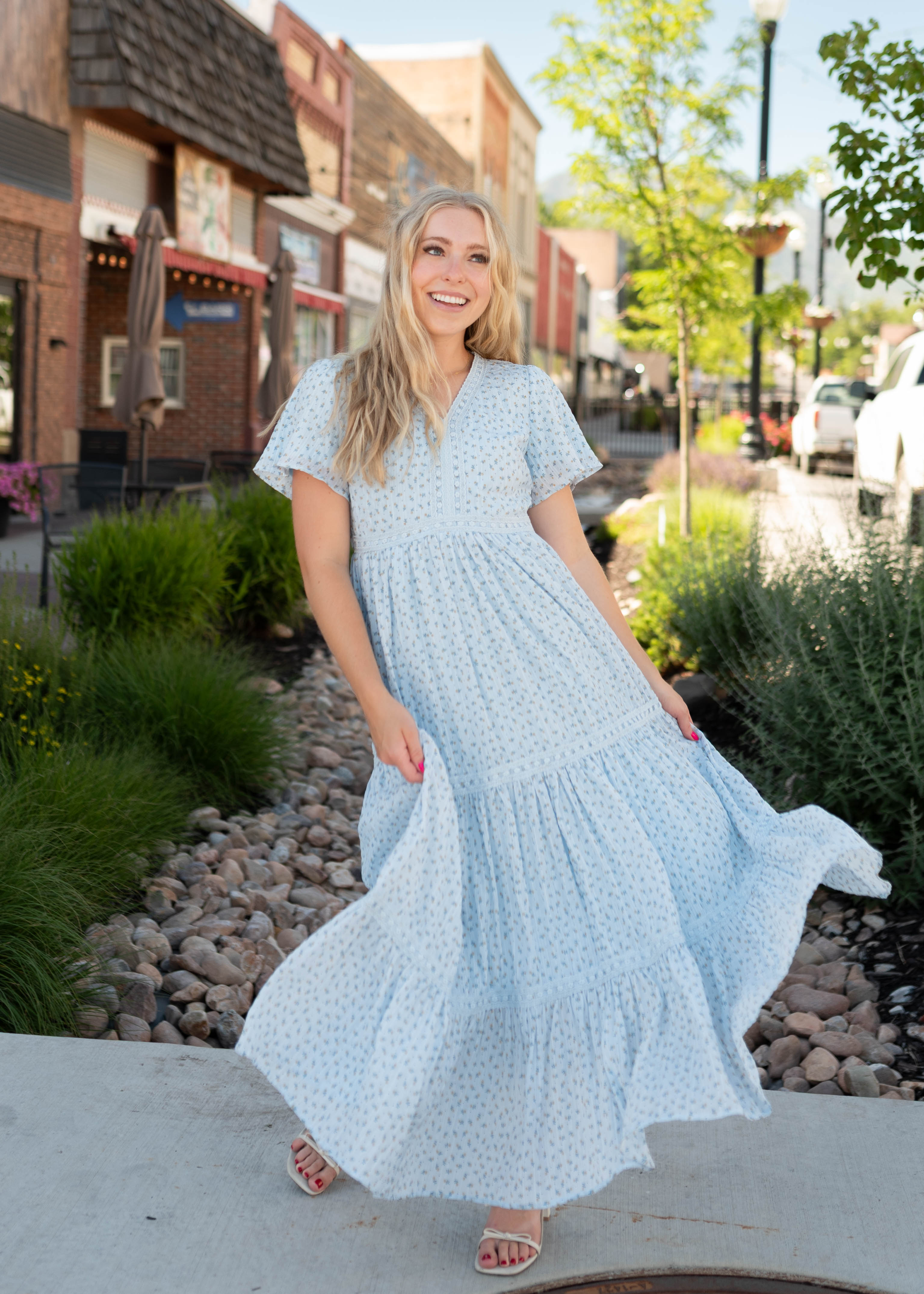 Lena & Lou Hadley Blue and Yellow Floral Lace Dress