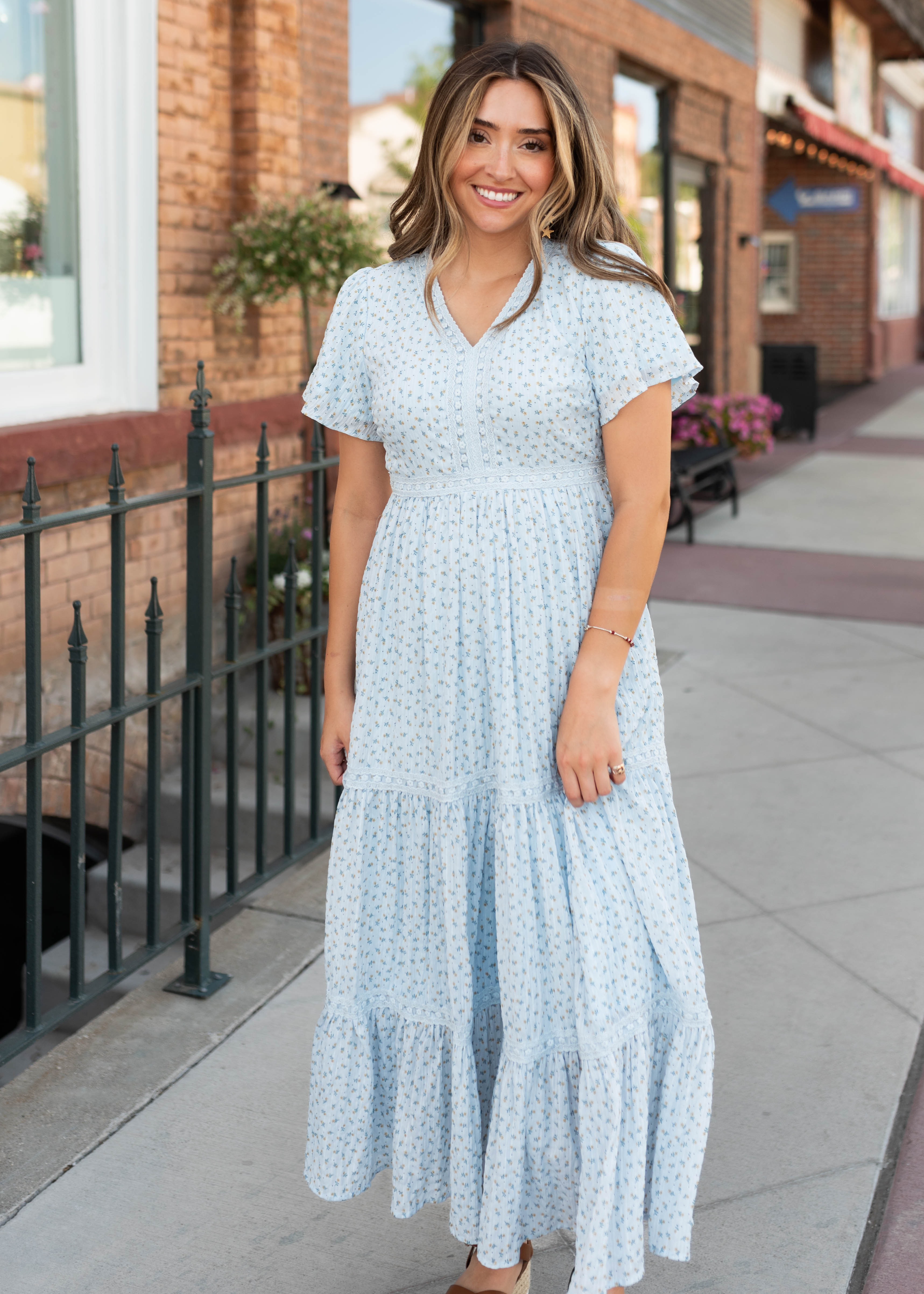 Lena & Lou Hadley Blue and Yellow Floral Lace Dress