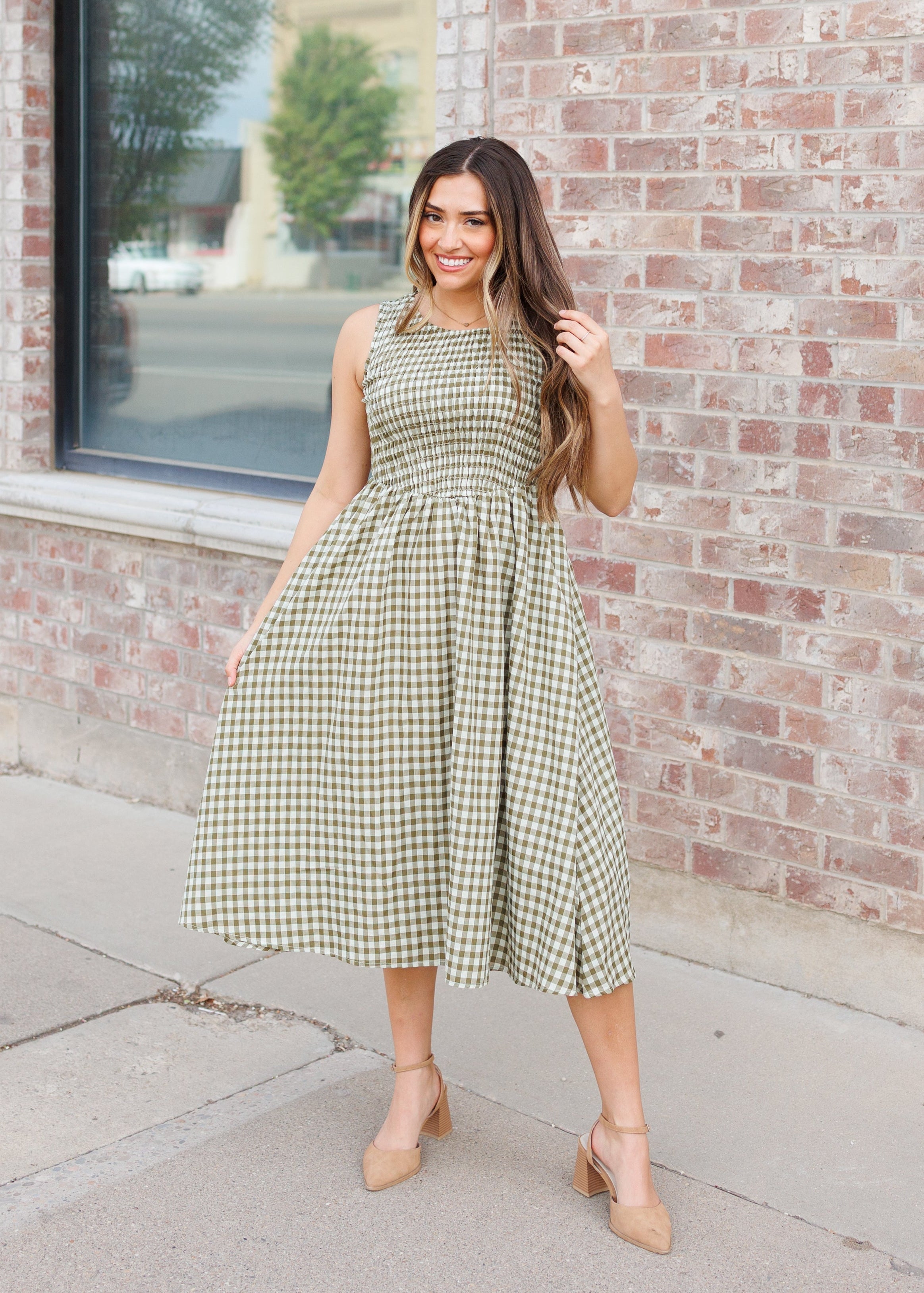 Hadley Olive Gingham Dress