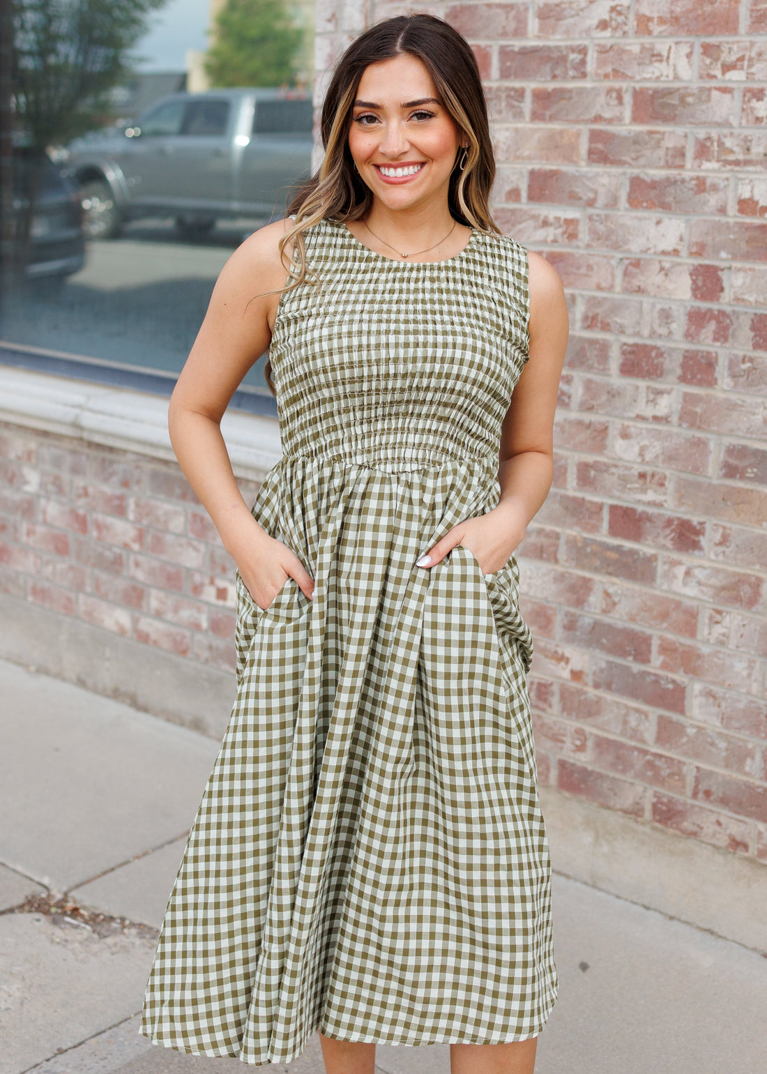 Hadley Olive Gingham Dress