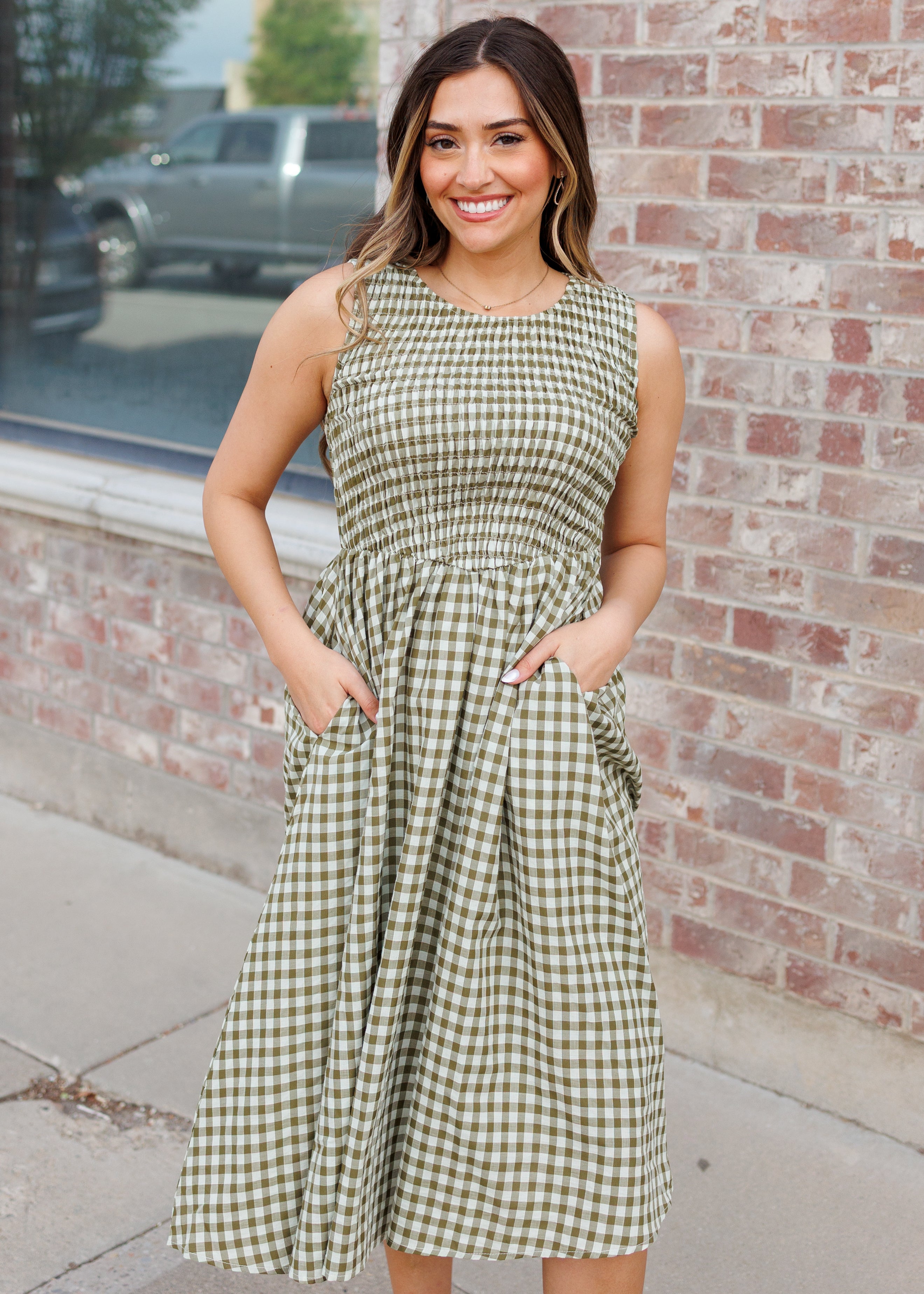 Hadley Olive Gingham Dress
