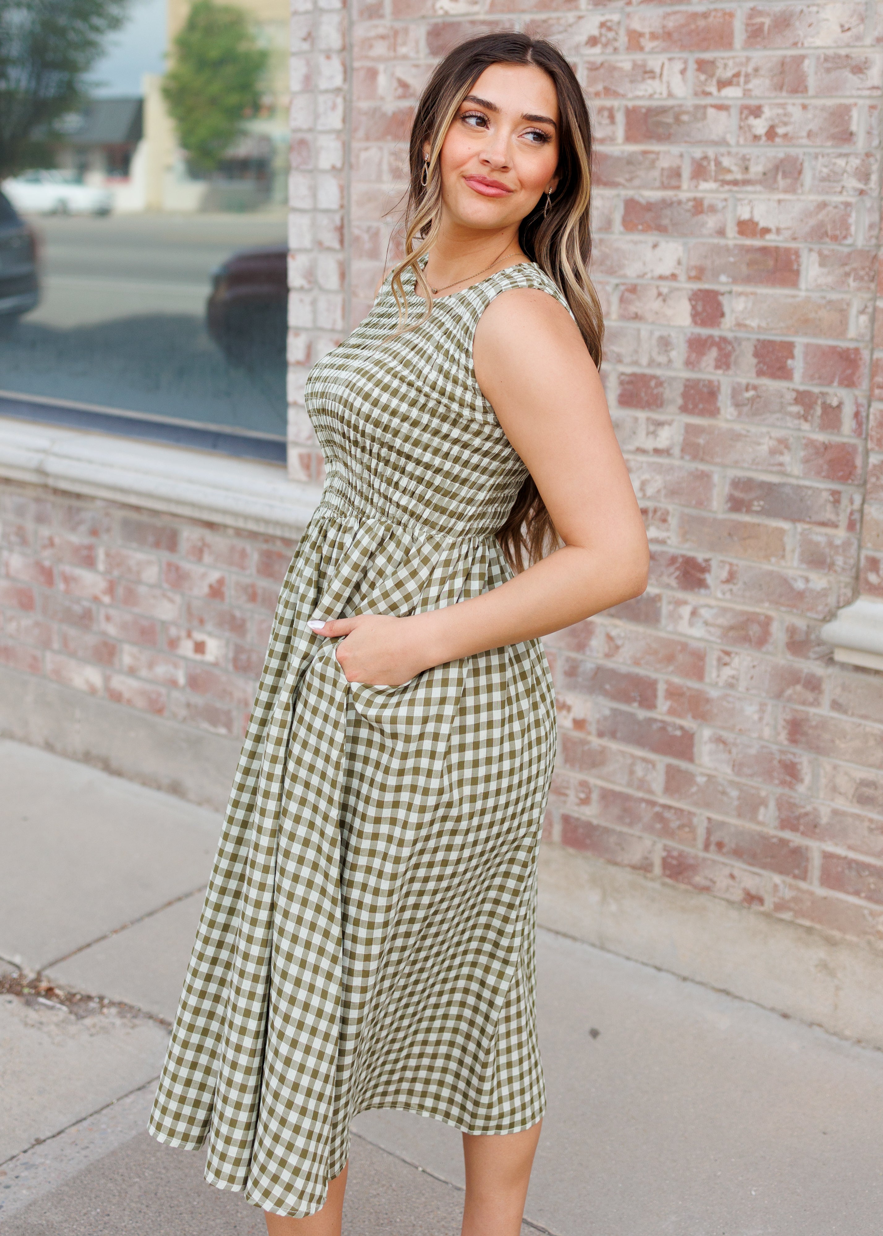 Hadley Olive Gingham Dress