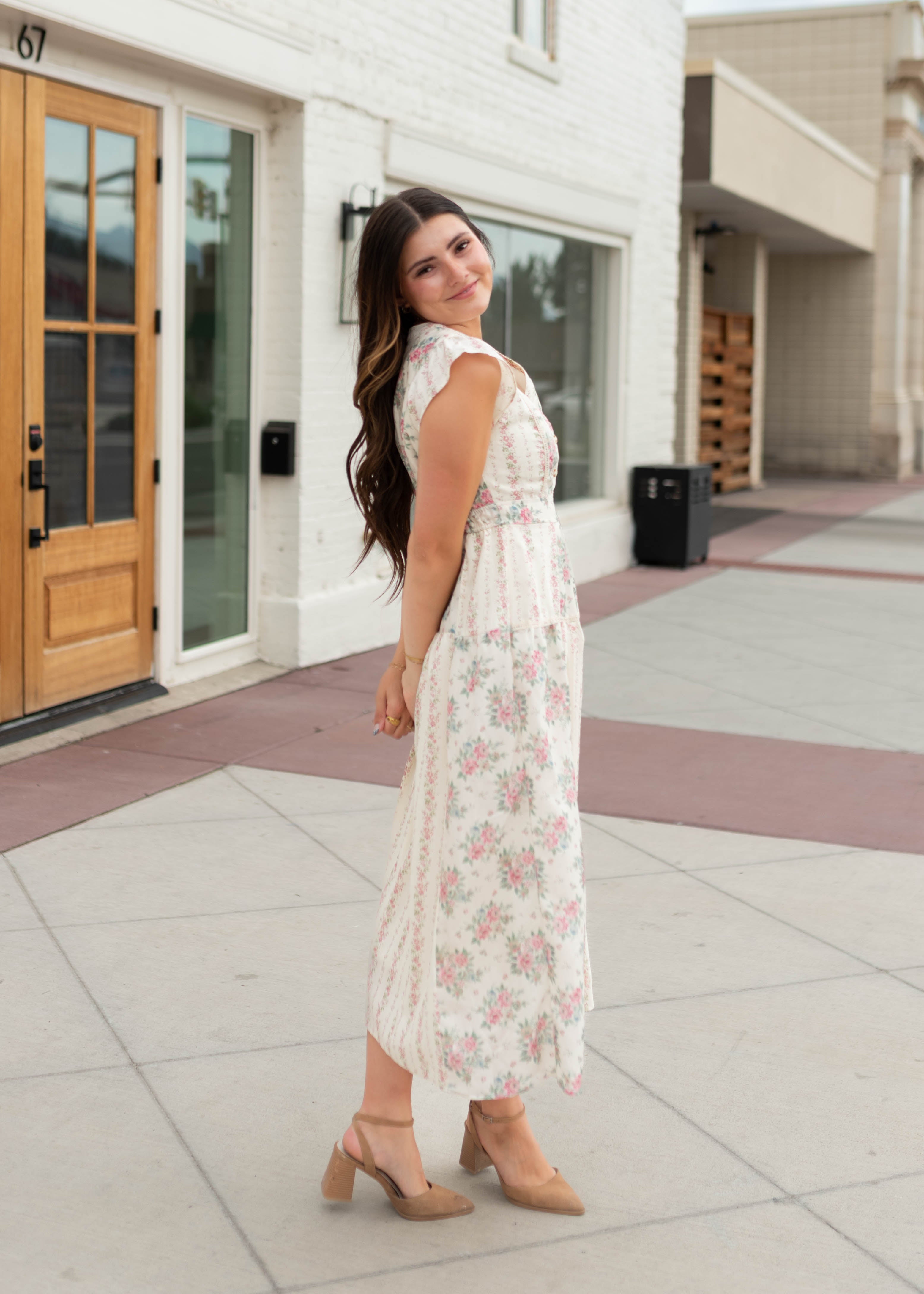 Hannah Ivory & Pink Patterned Midi Dress
