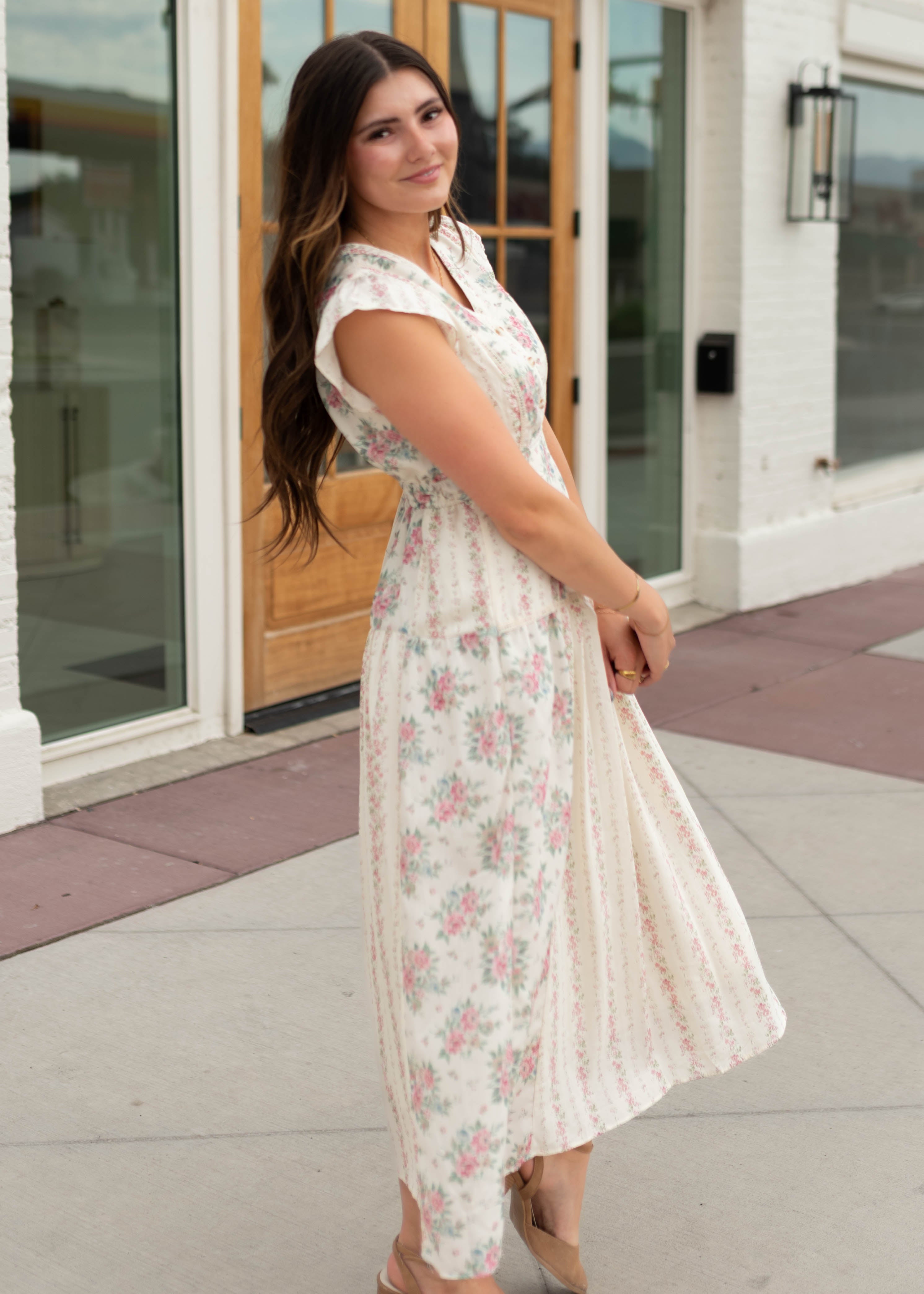 Hannah Ivory & Pink Patterned Midi Dress