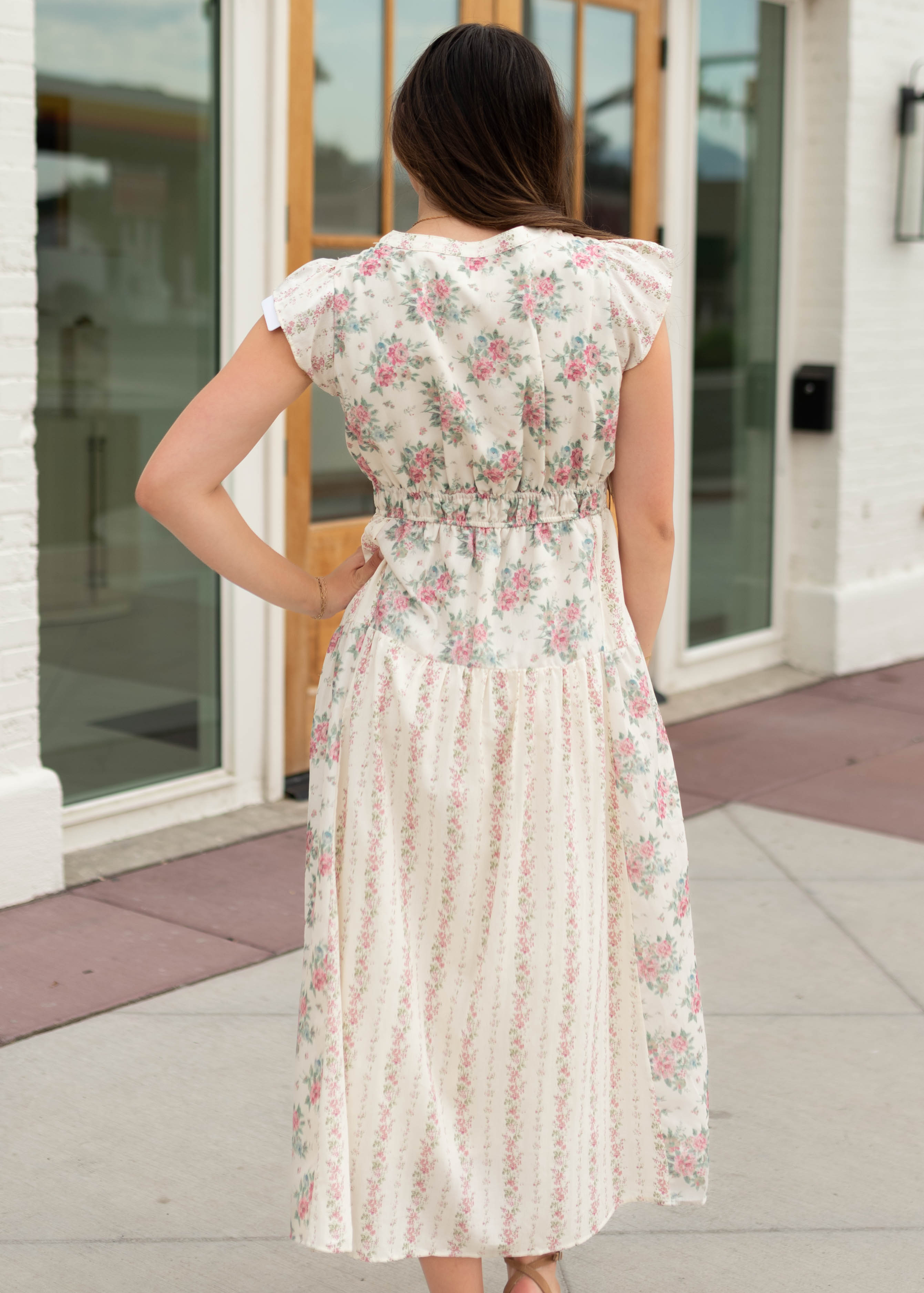 Hannah Ivory & Pink Patterned Midi Dress