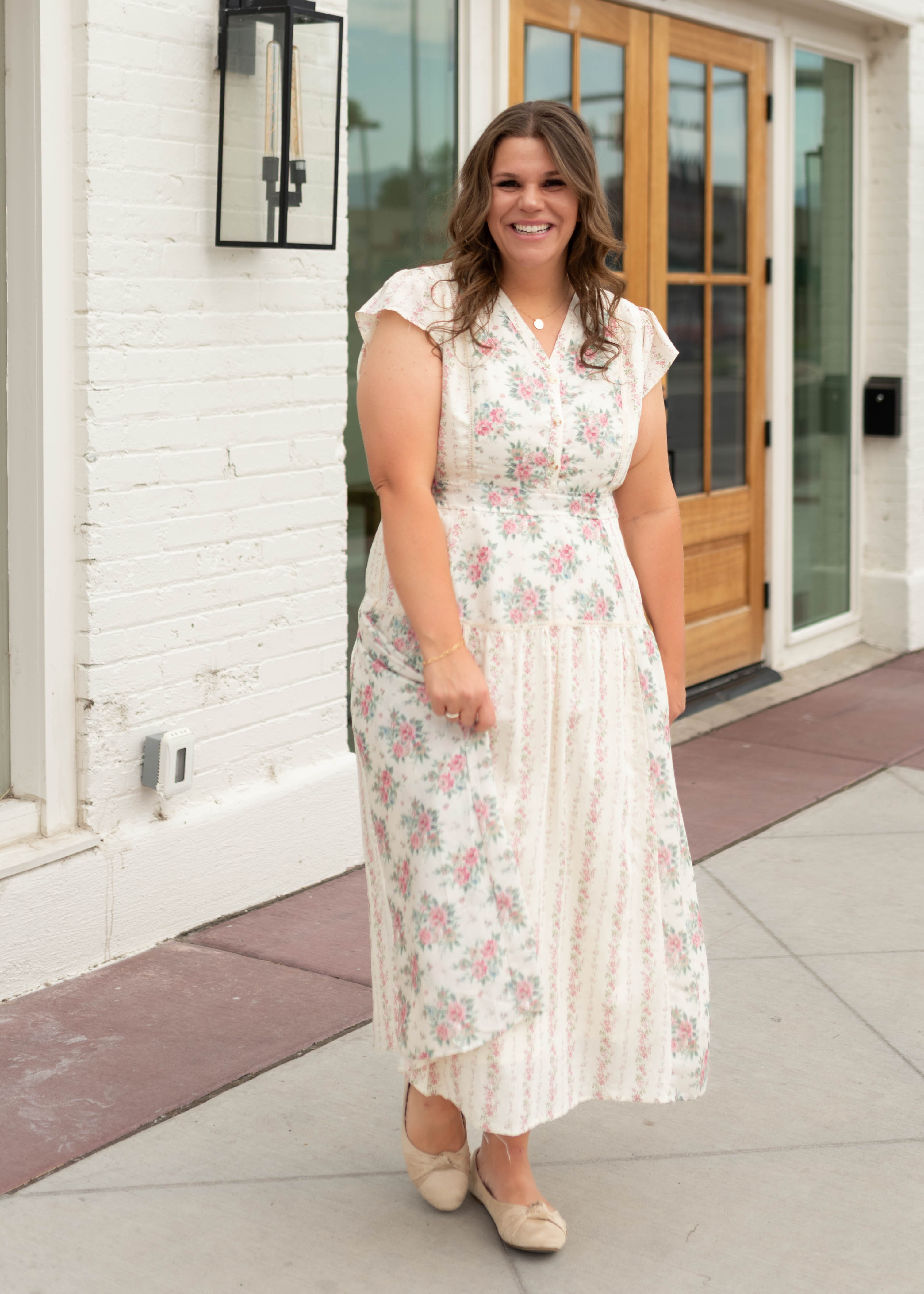 Hannah Ivory & Pink Patterned Midi Dress