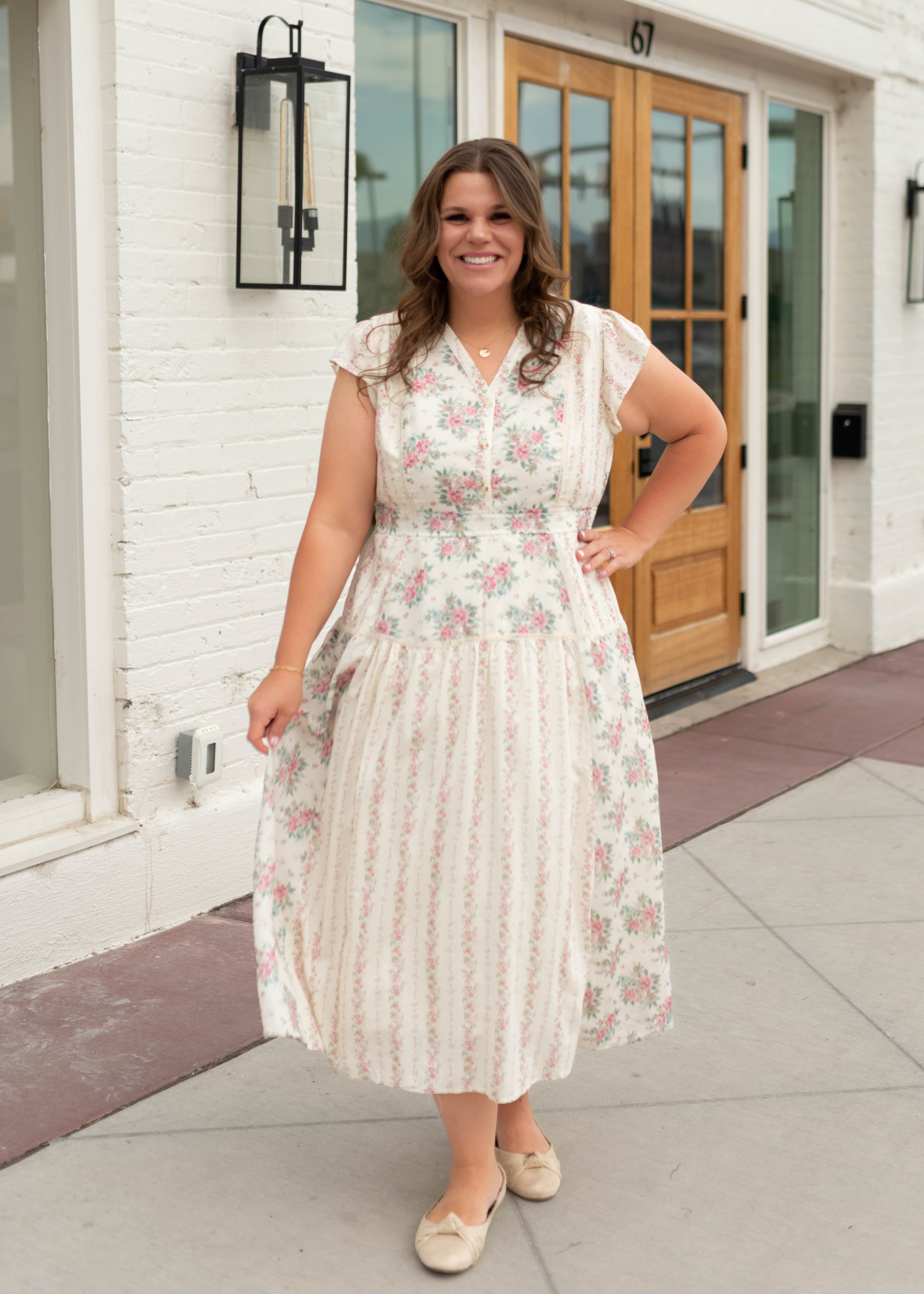 Hannah Ivory & Pink Patterned Midi Dress