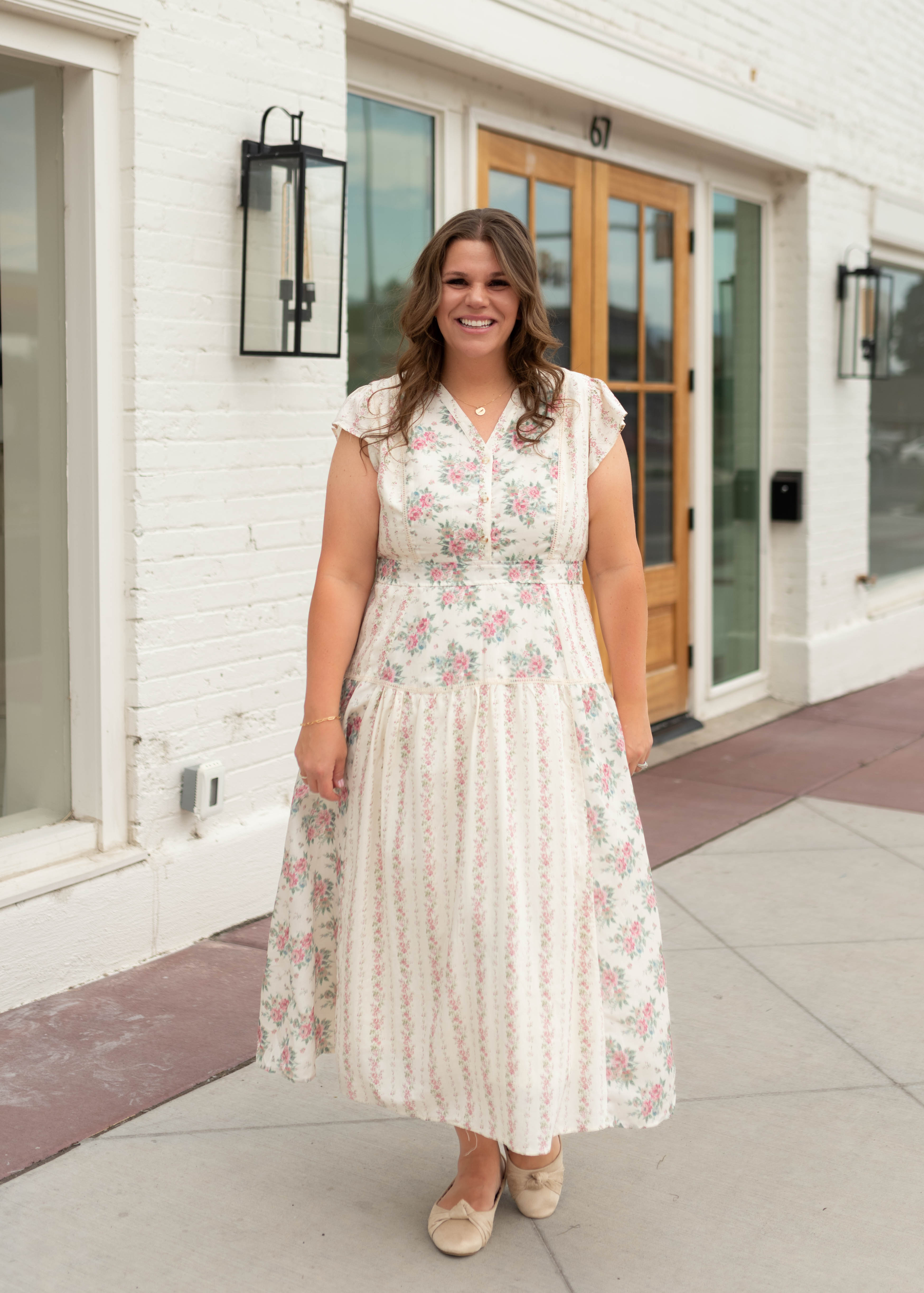 Hannah Ivory & Pink Patterned Midi Dress