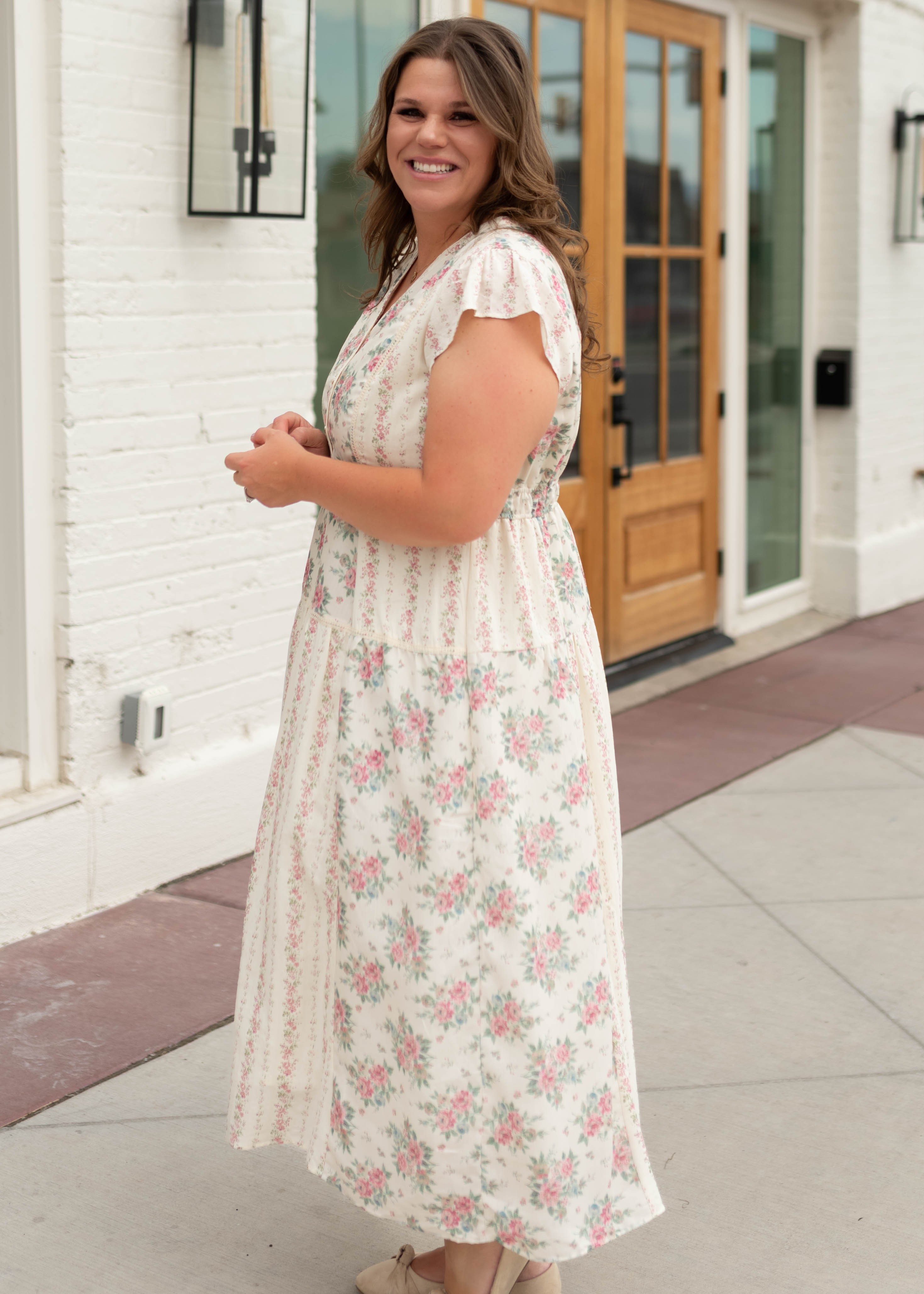 Hannah Ivory & Pink Patterned Midi Dress