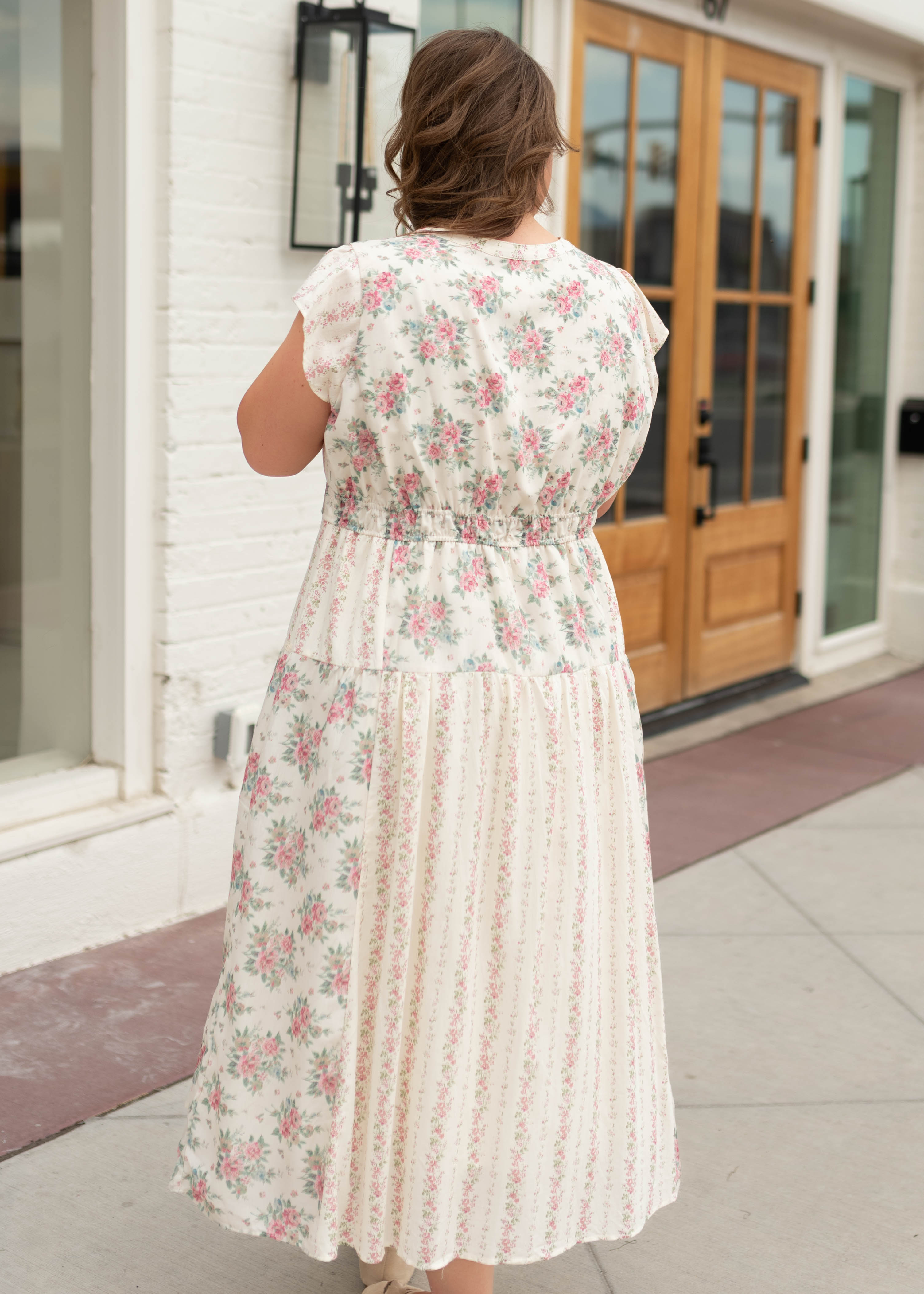 Hannah Ivory & Pink Patterned Midi Dress
