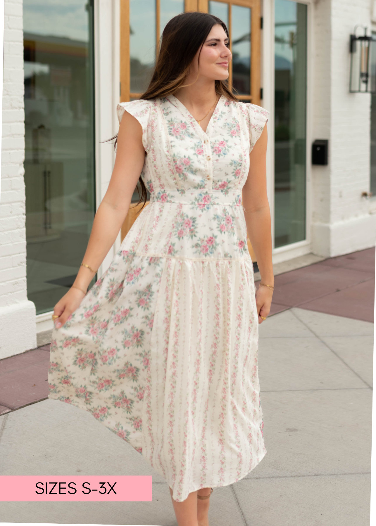Hannah Ivory & Pink Patterned Midi Dress