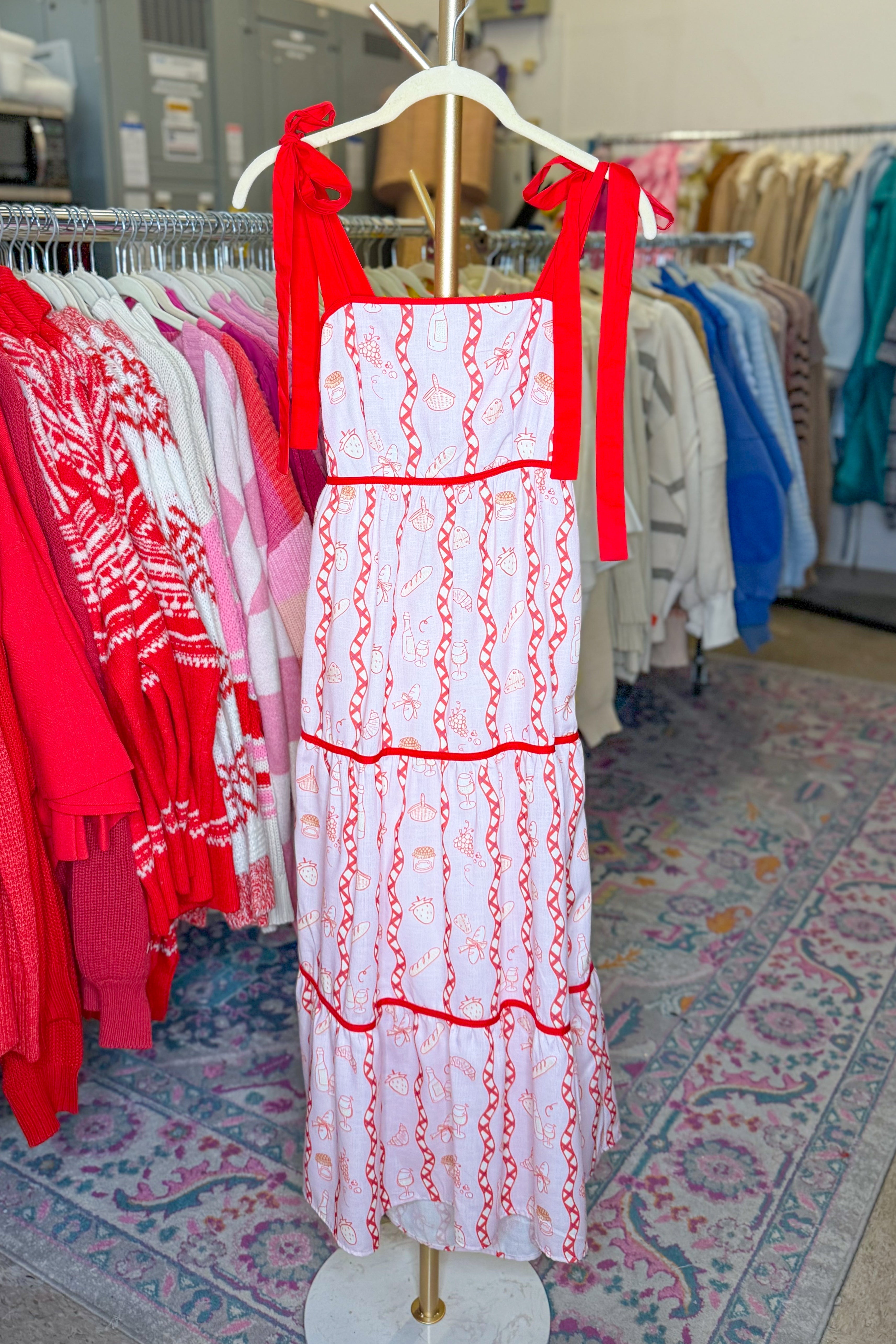 Red Tie Top Baguette Pattern Maxi Dress