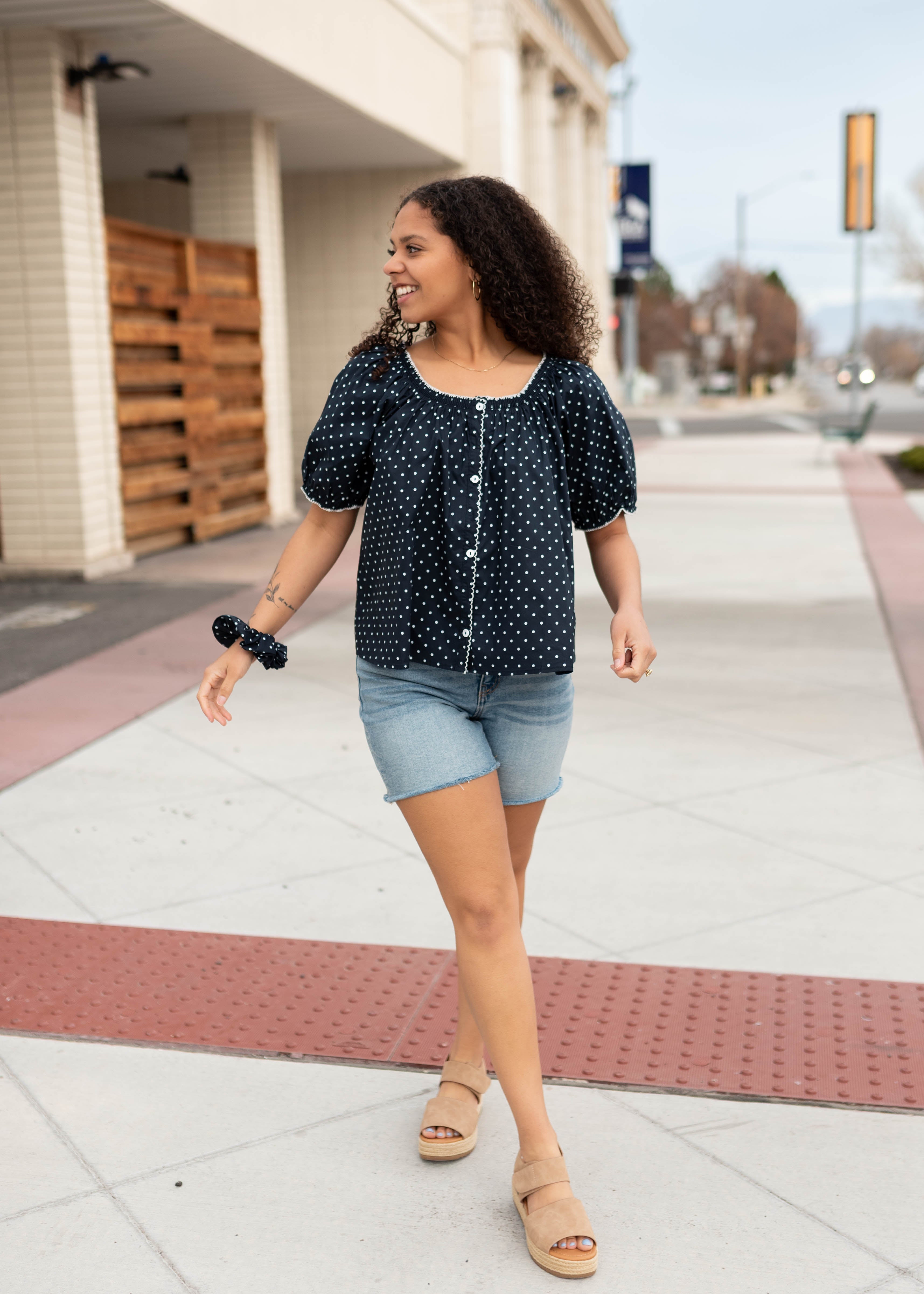 Jamie Navy Polka Dot Blouse & Scrunchie Set