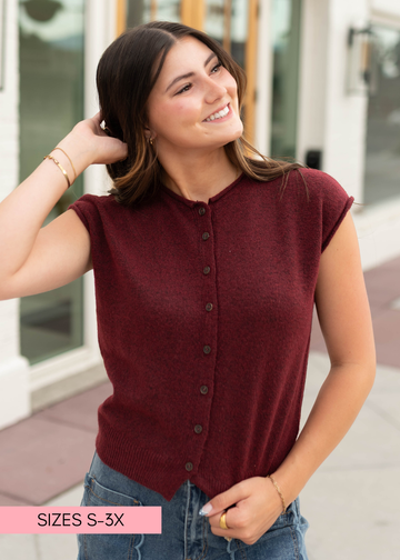Janice Burgundy Sleeveless Short Sleeve Cardigan