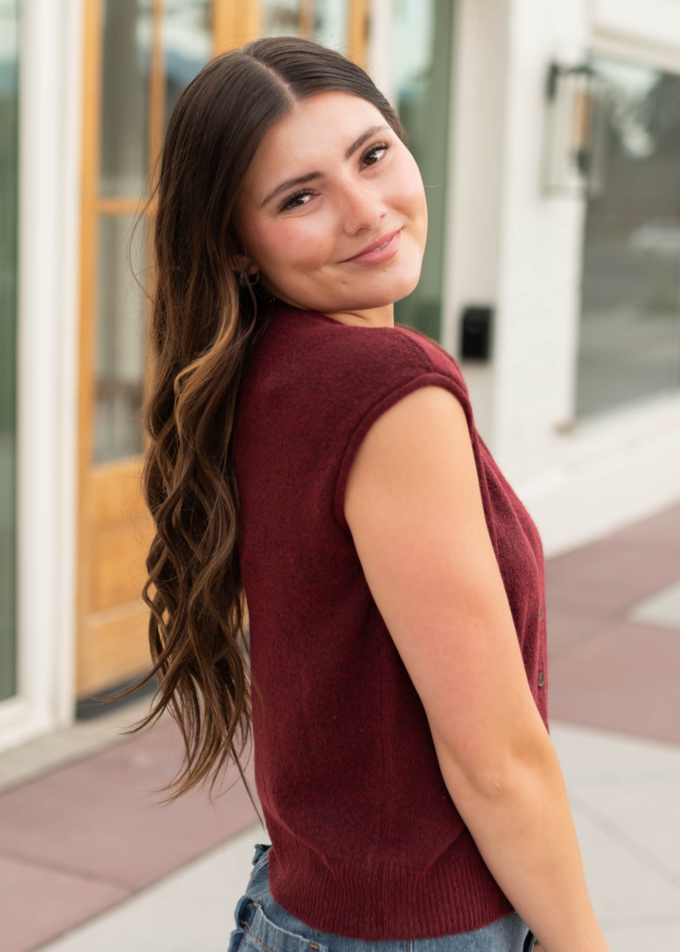 Janice Burgundy Sleeveless Short Sleeve Cardigan