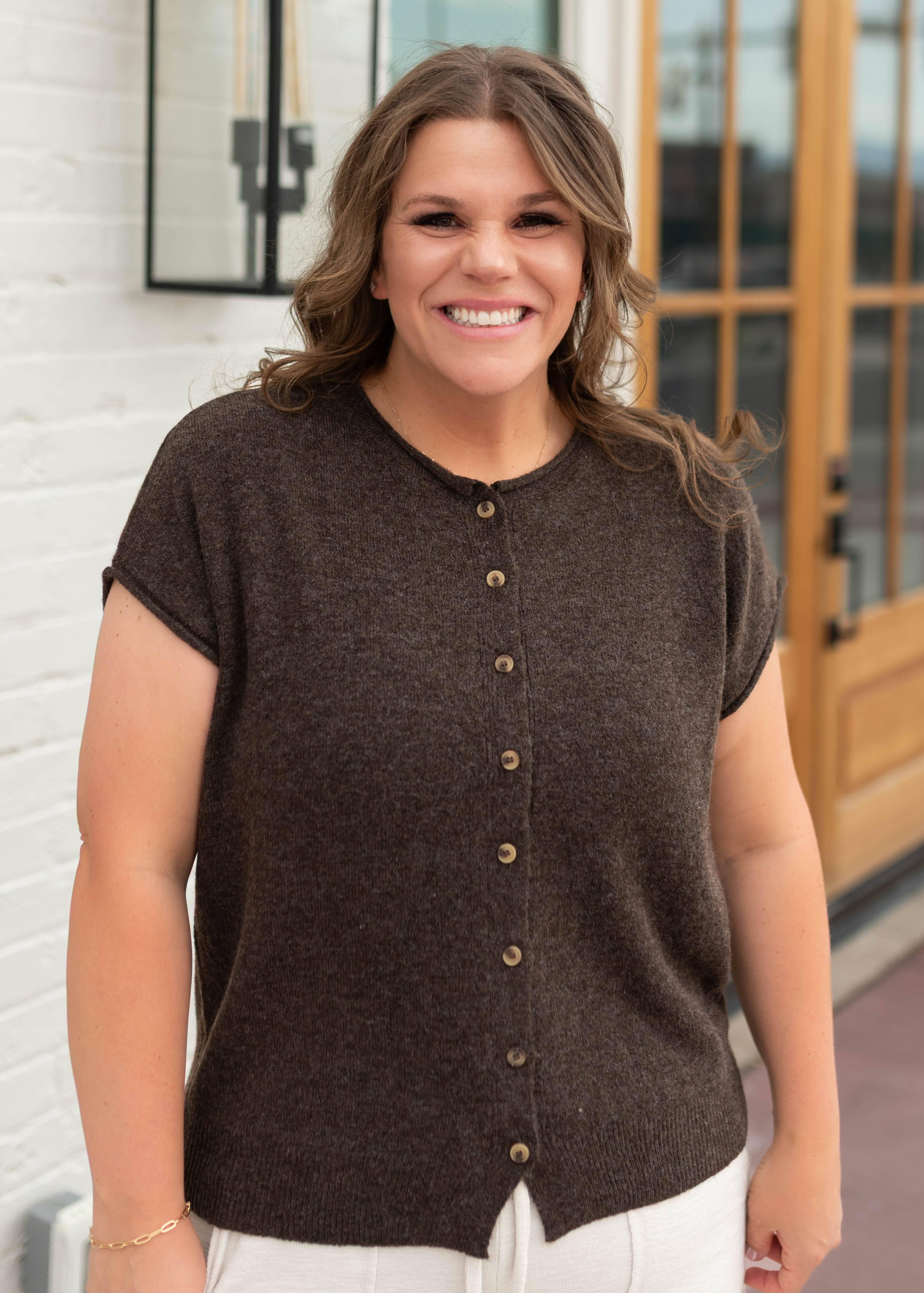 Janice Dark Brown Sleeveless Short Sleeve Cardigan