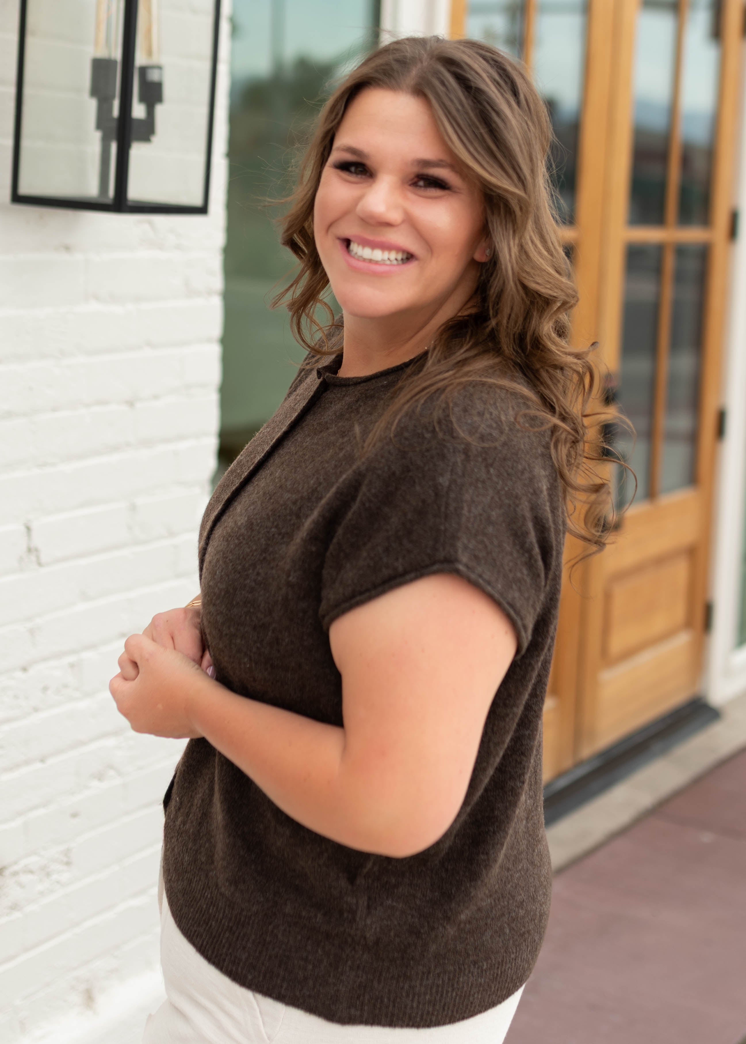 Janice Dark Brown Sleeveless Short Sleeve Cardigan