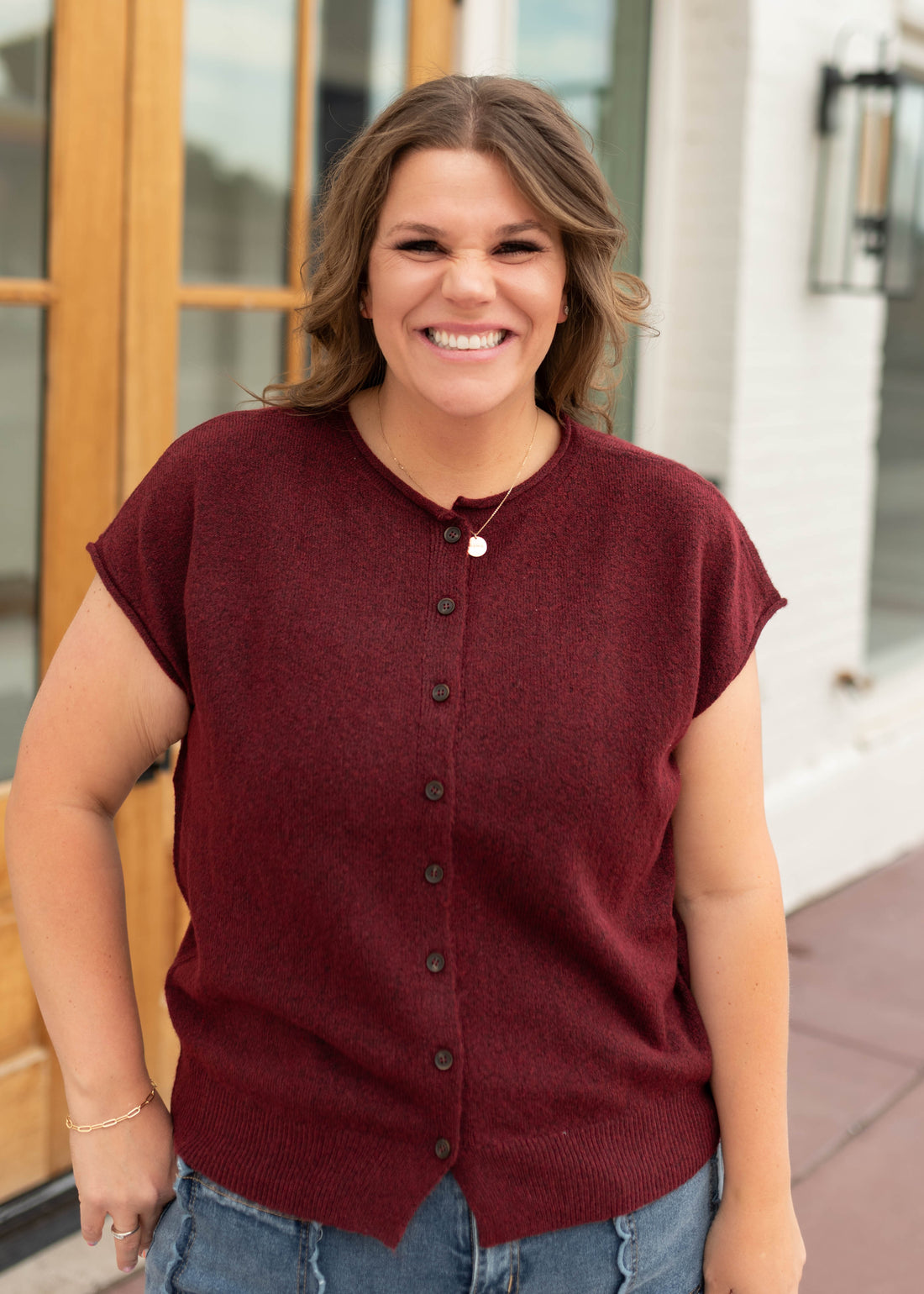 Janice Burgundy Sleeveless Short Sleeve Cardigan