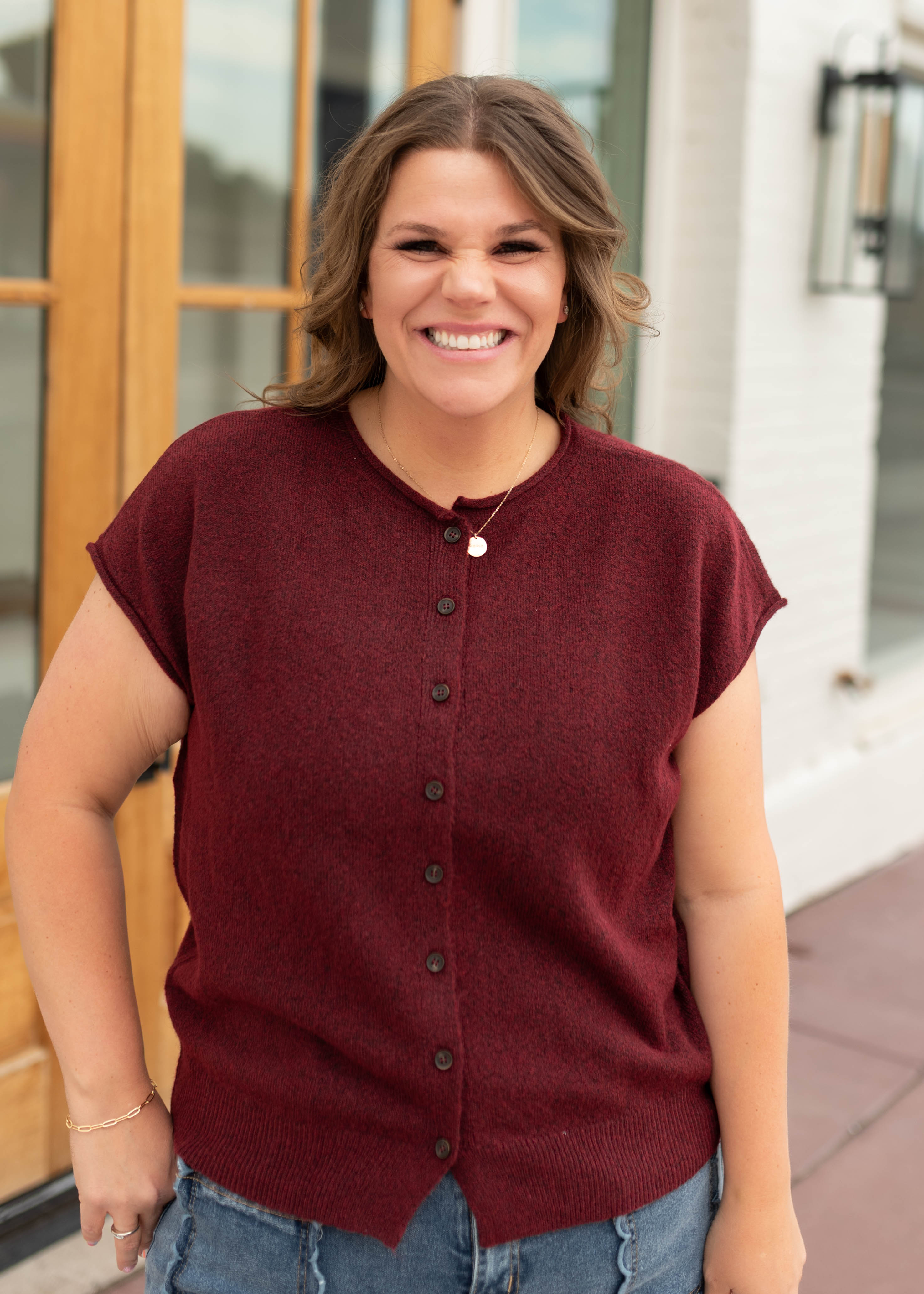 Janice Burgundy Sleeveless Short Sleeve Cardigan
