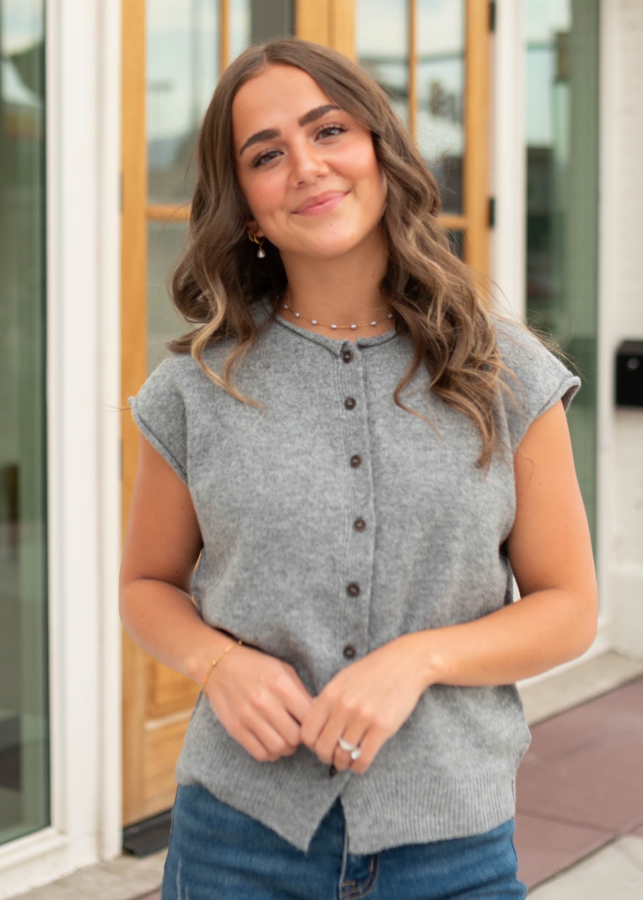 Janice Grey Sleeveless Short Sleeve Cardigan