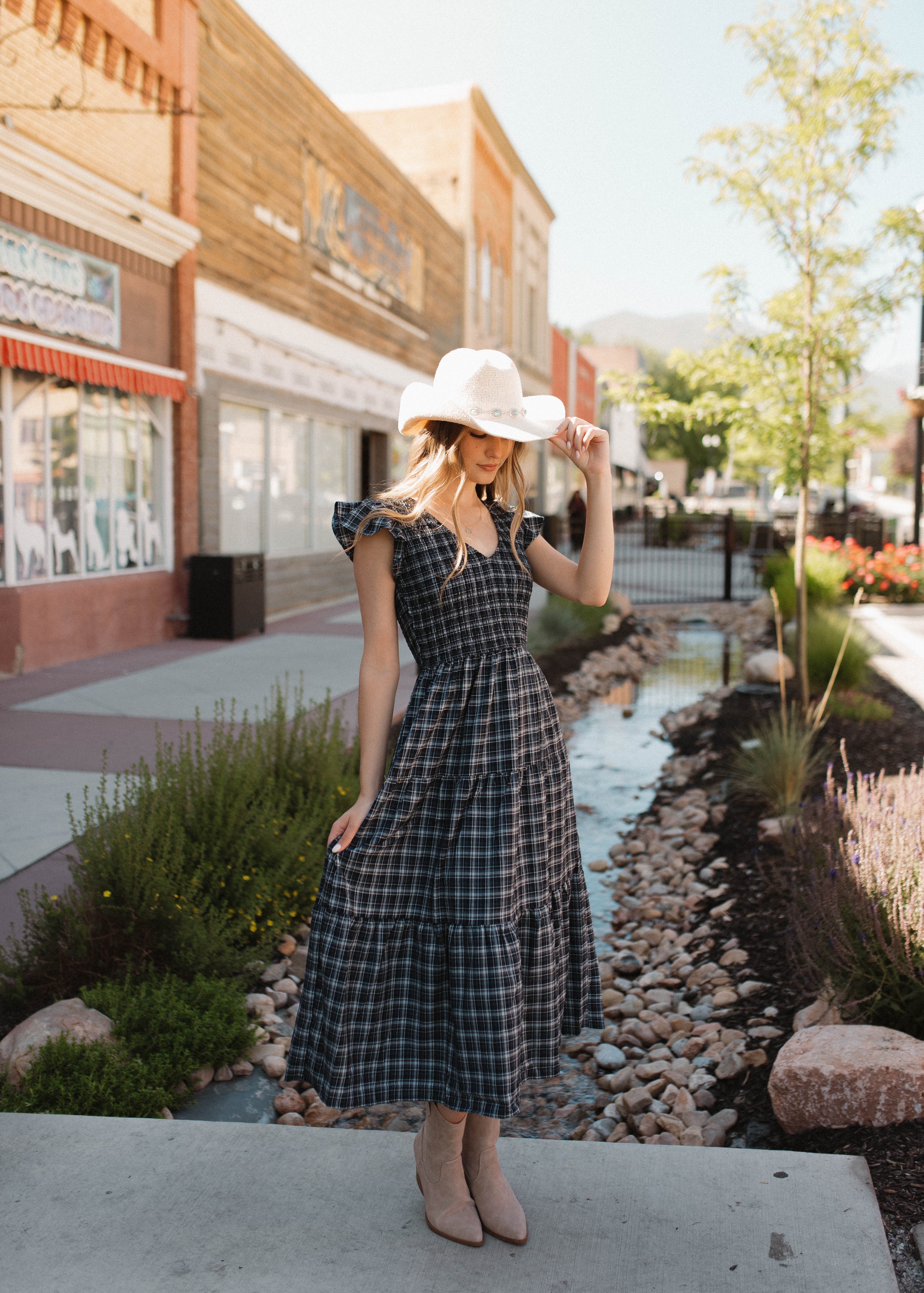Joan Navy Plaid Tiered Dress
