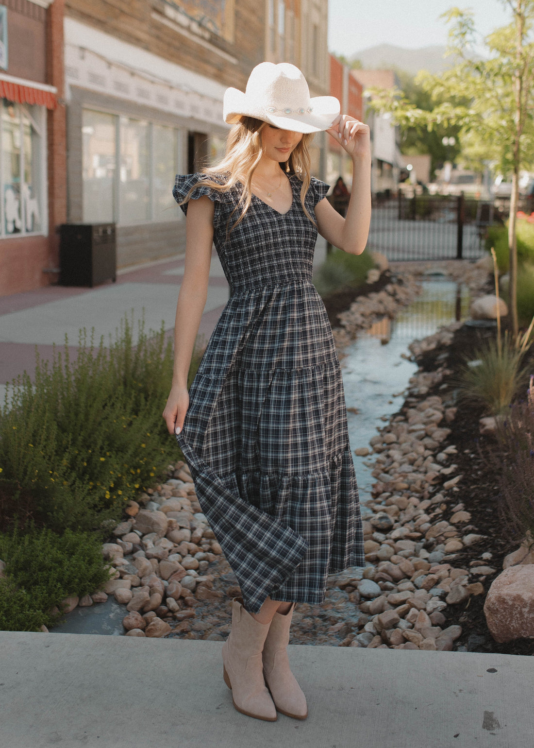Joan Navy Plaid Tiered Dress