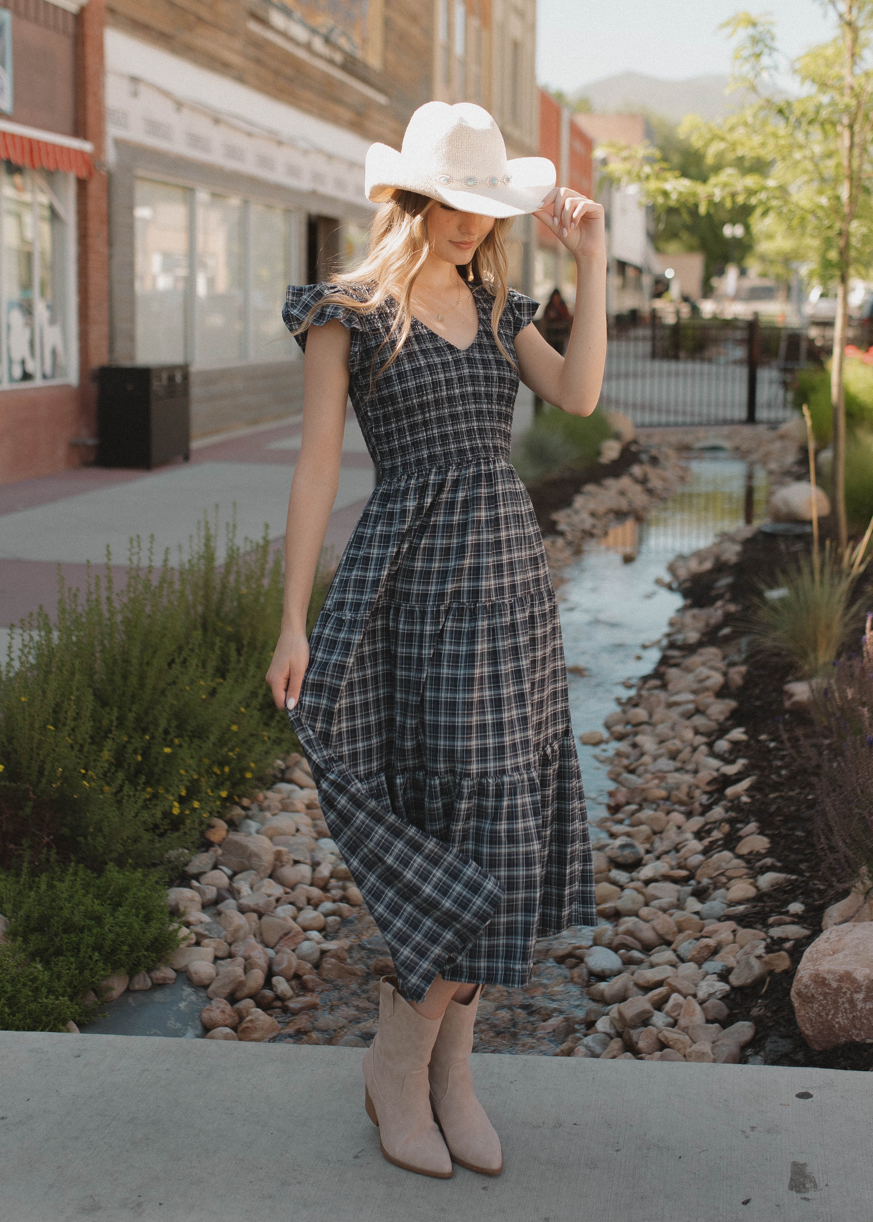 Joan Navy Plaid Tiered Dress