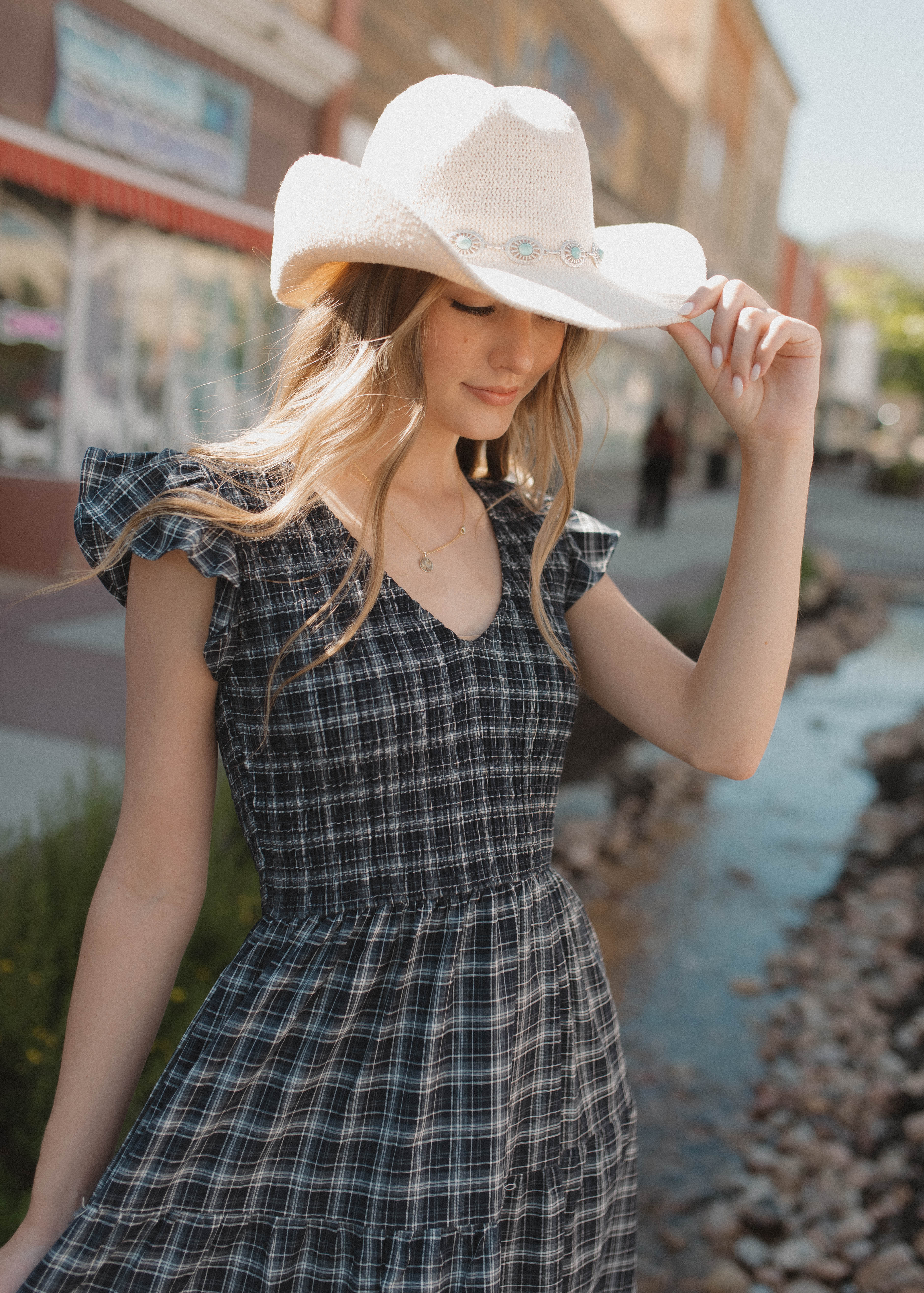 Joan Navy Plaid Tiered Dress
