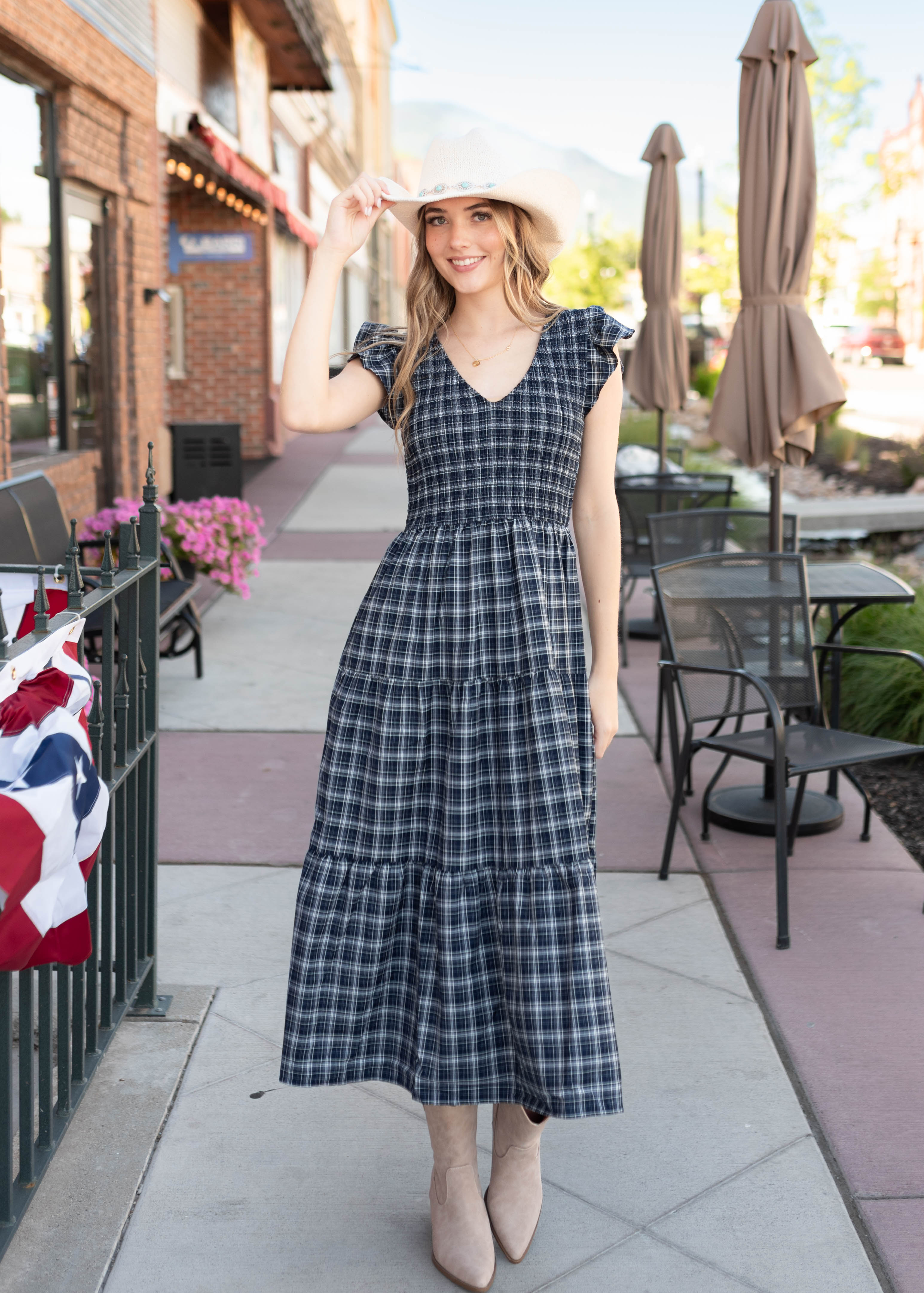 Joan Navy Plaid Tiered Dress