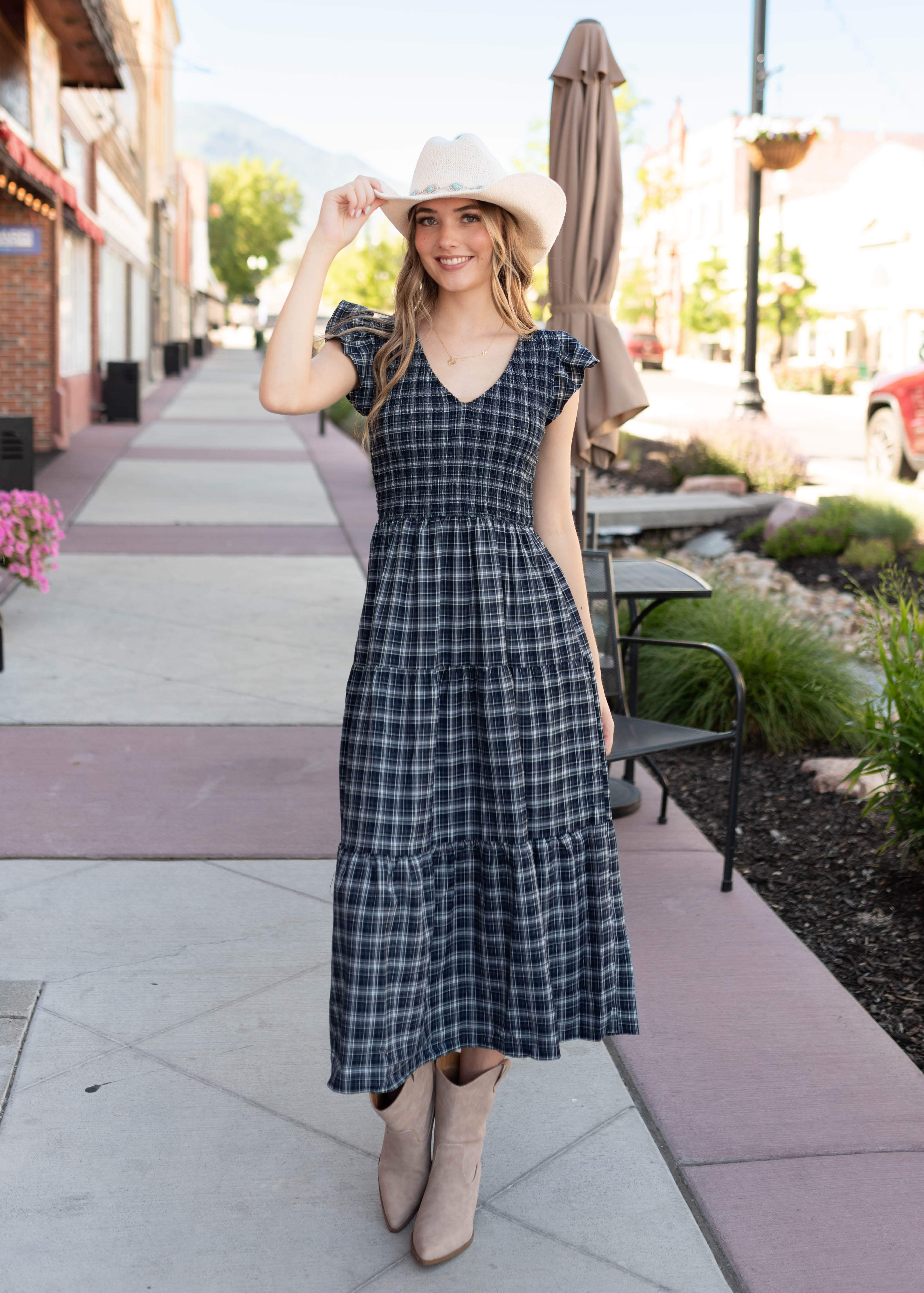 Joan Navy Plaid Tiered Dress