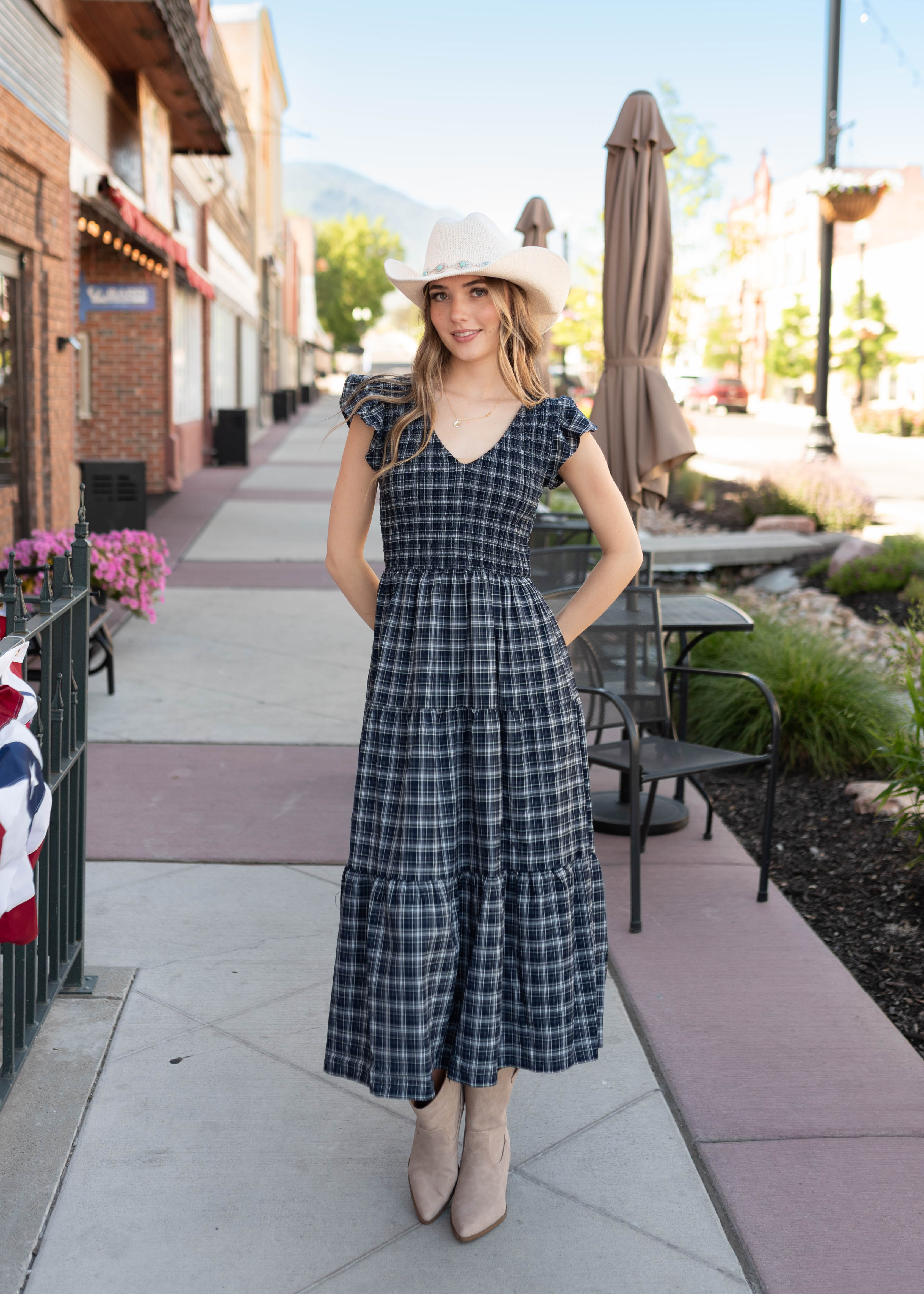 Joan Navy Plaid Tiered Dress