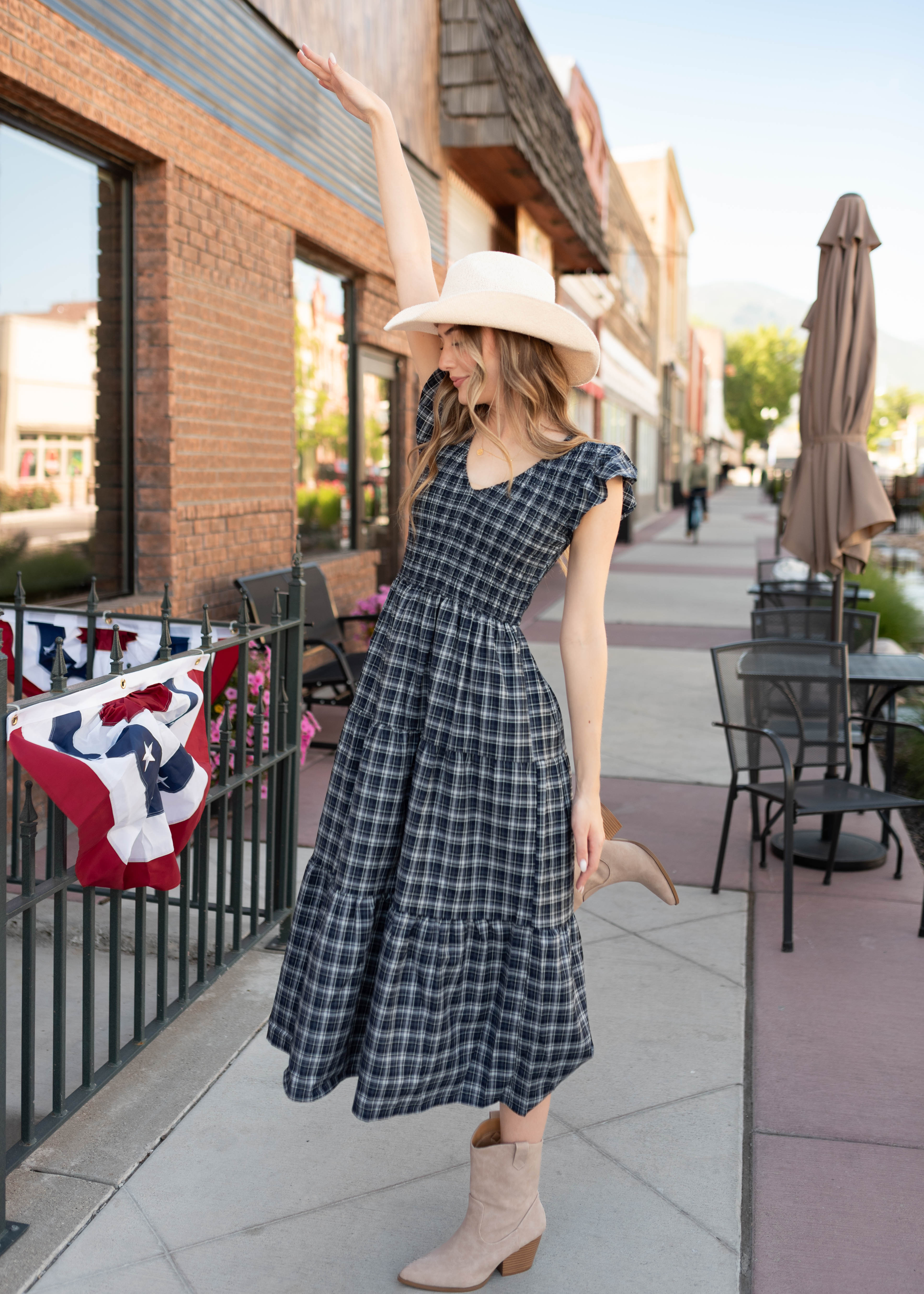 Joan Navy Plaid Tiered Dress