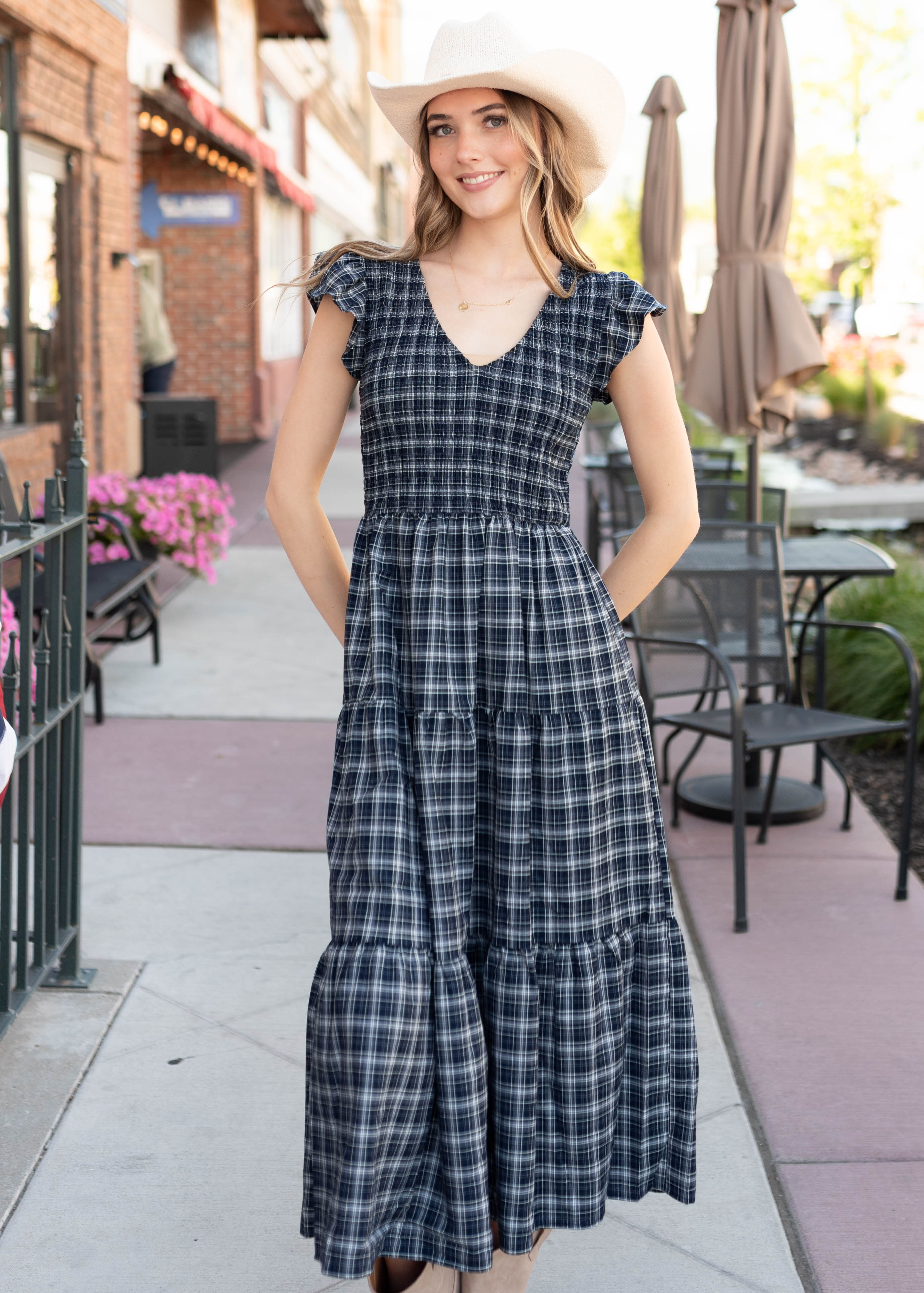 Joan Navy Plaid Tiered Dress