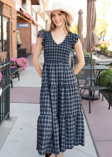 Joan Navy Plaid Tiered Dress