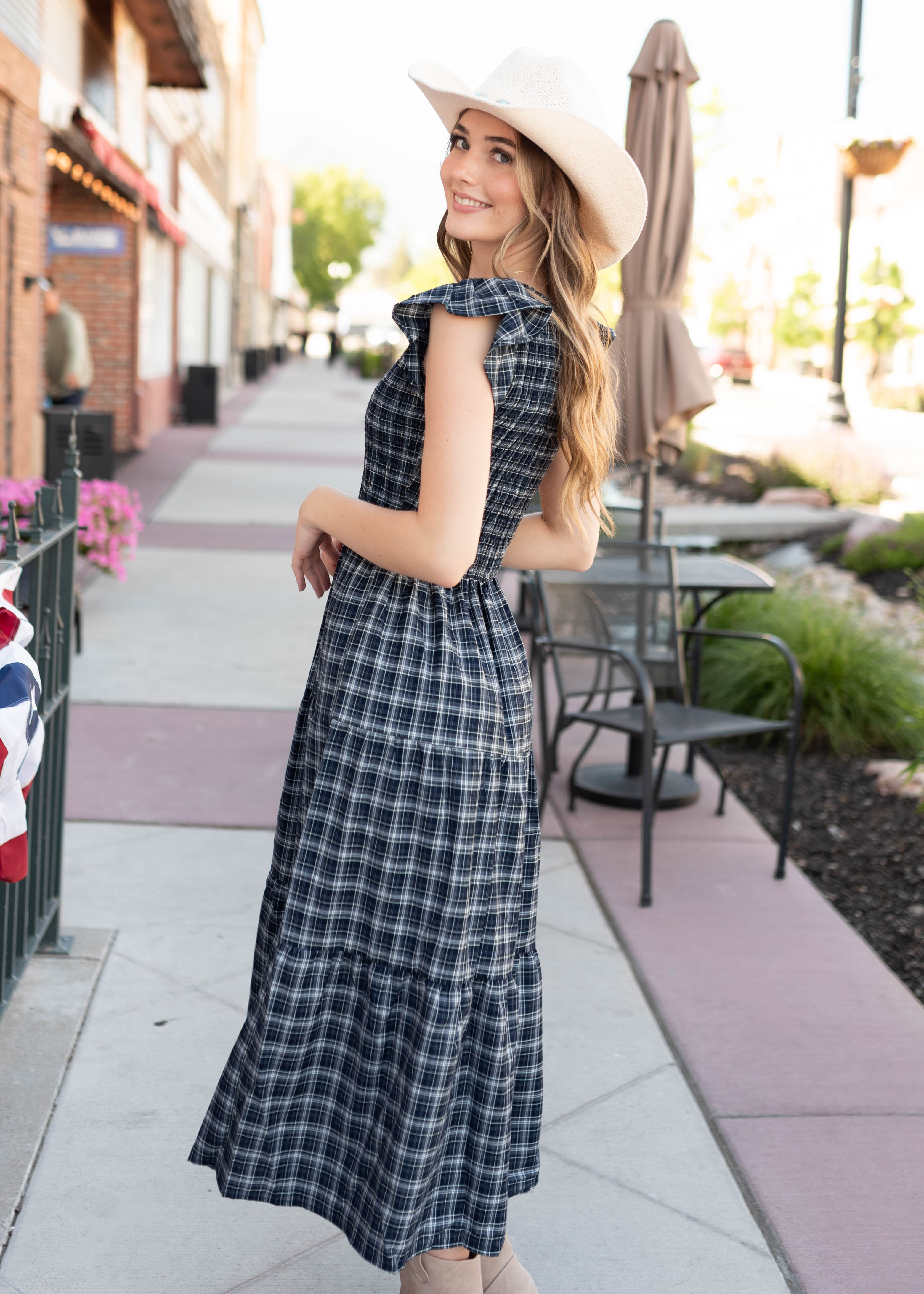Joan Navy Plaid Tiered Dress