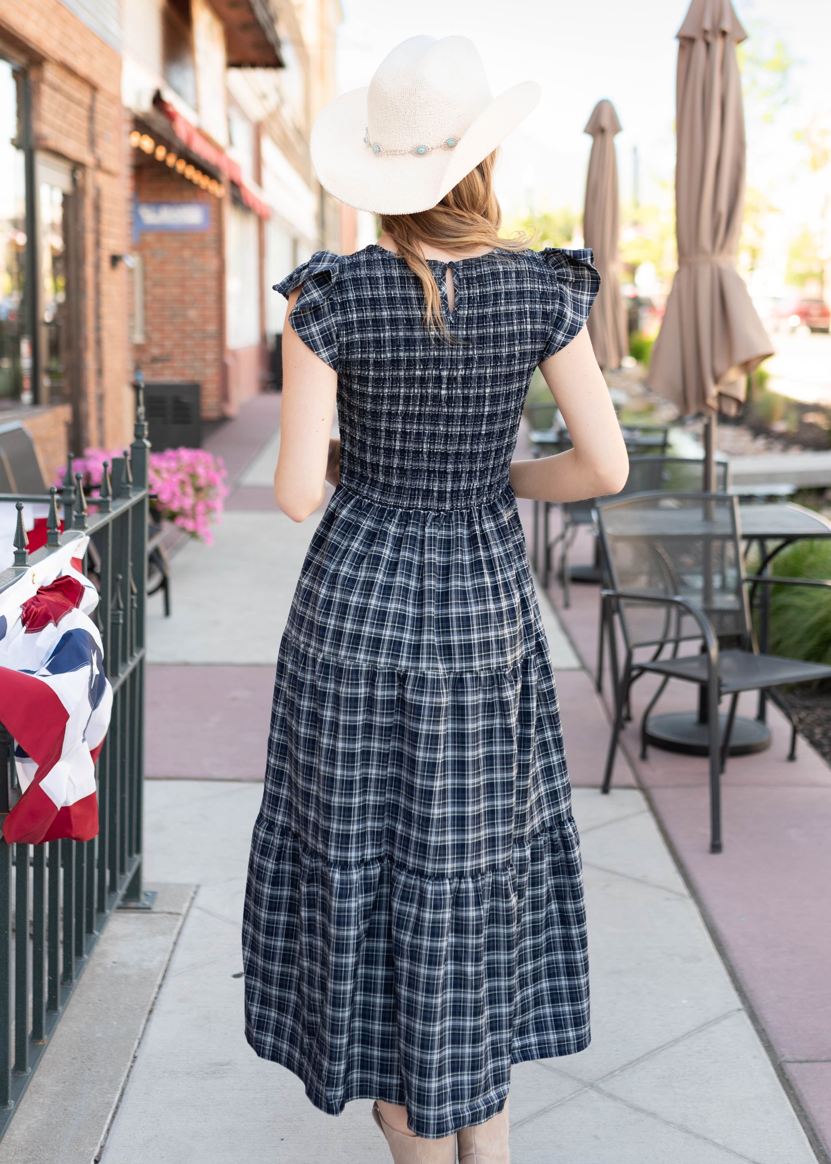 Joan Navy Plaid Tiered Dress
