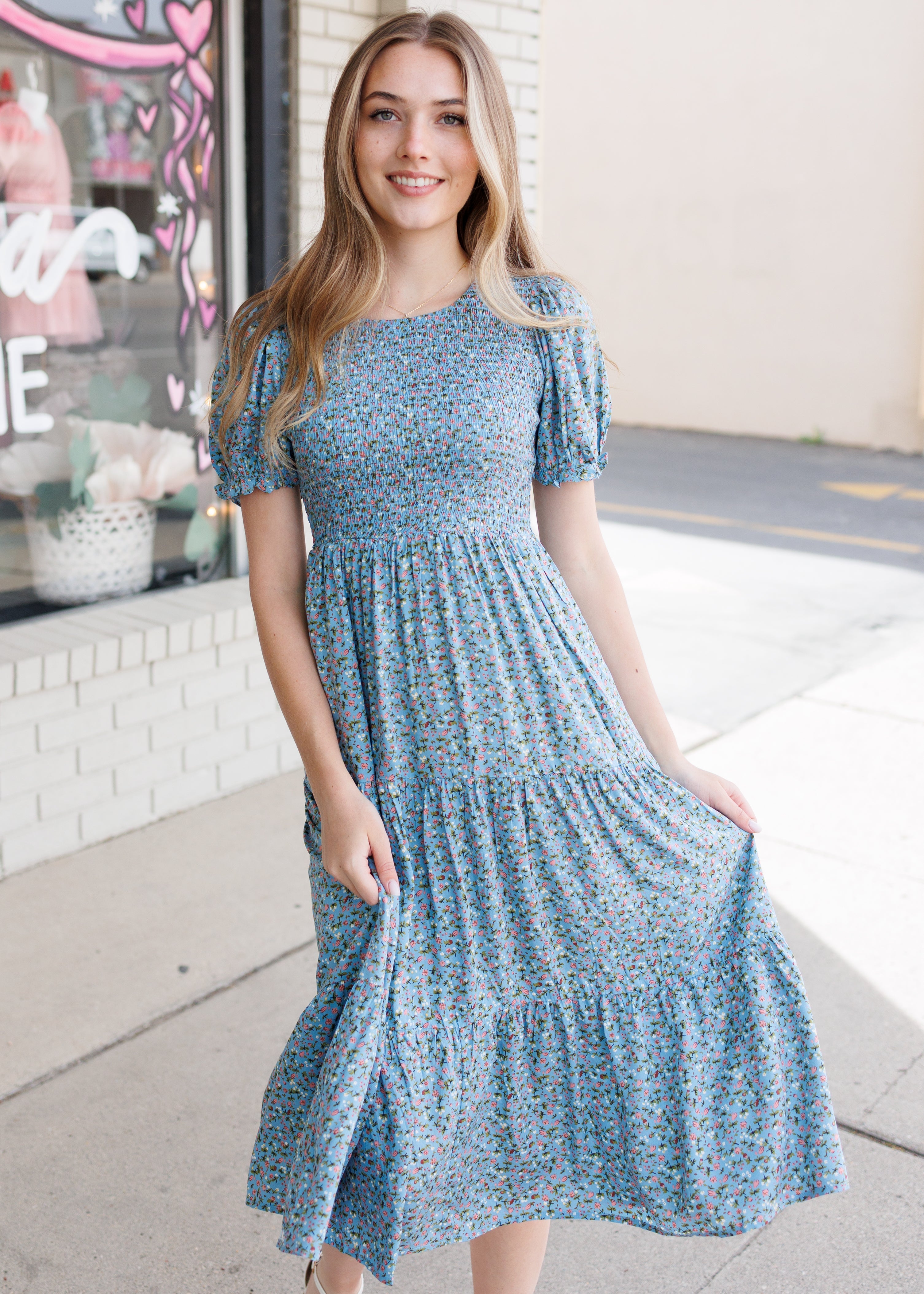 Julia Blue Floral Smocked Dress