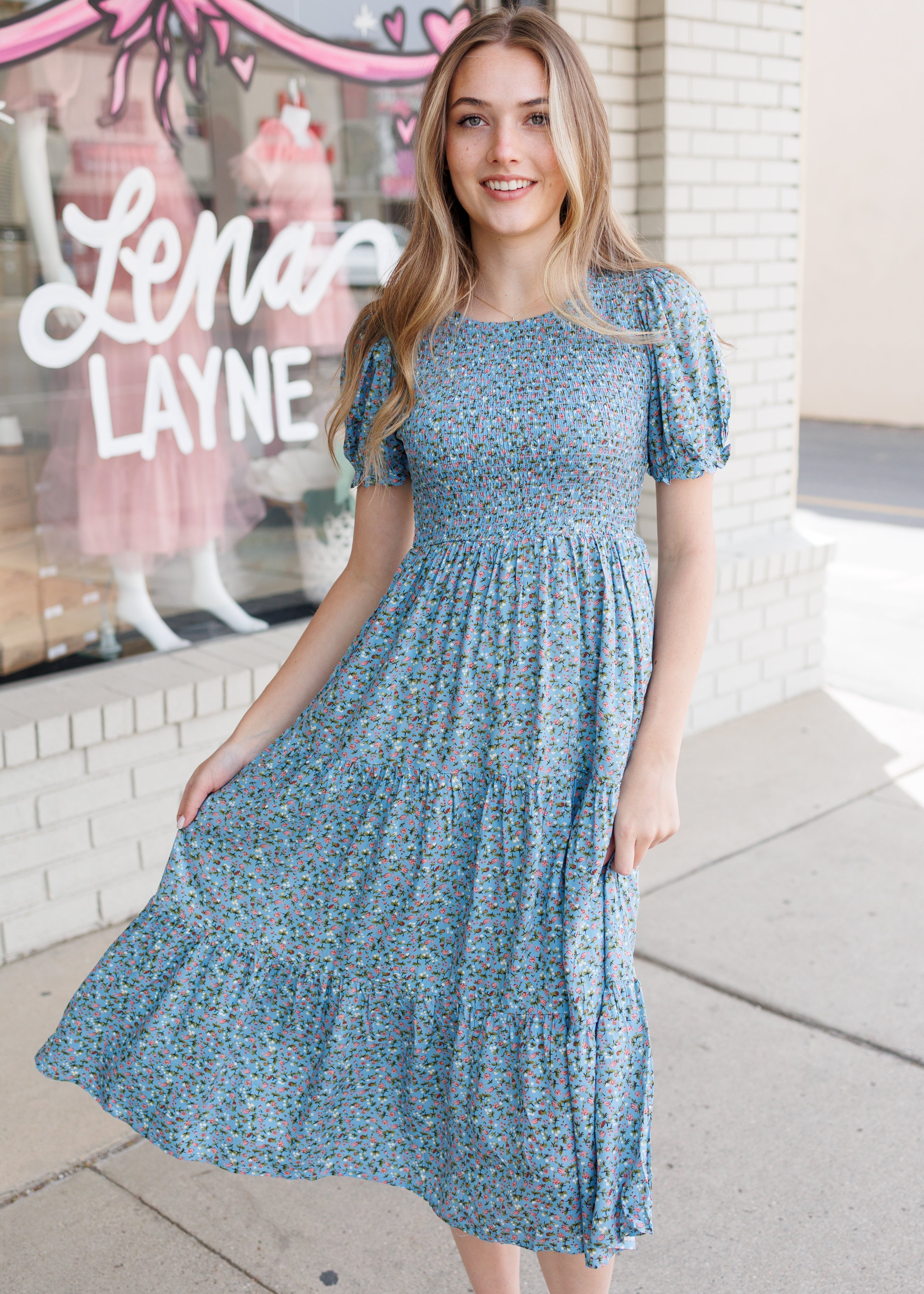 Julia Blue Floral Smocked Dress