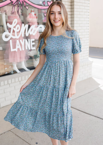 Julia Blue Floral Smocked Dress