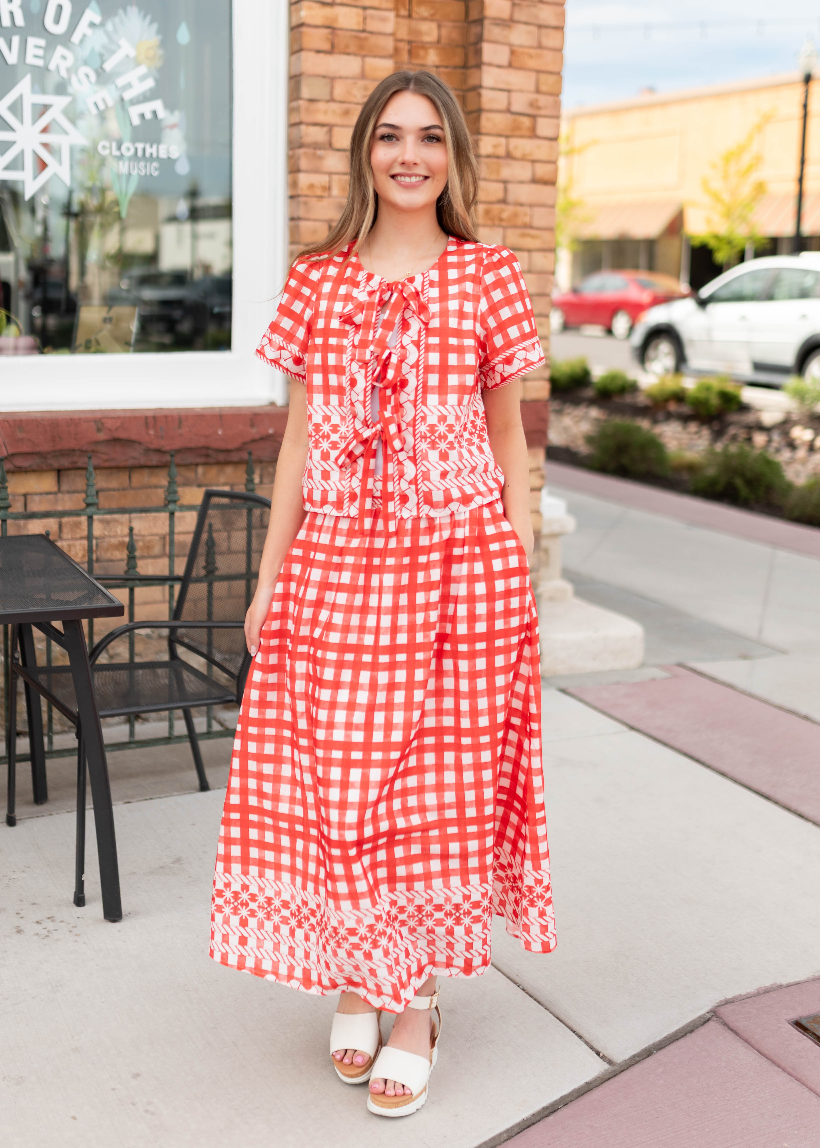 Juliette Red Patterned Tie Blouse