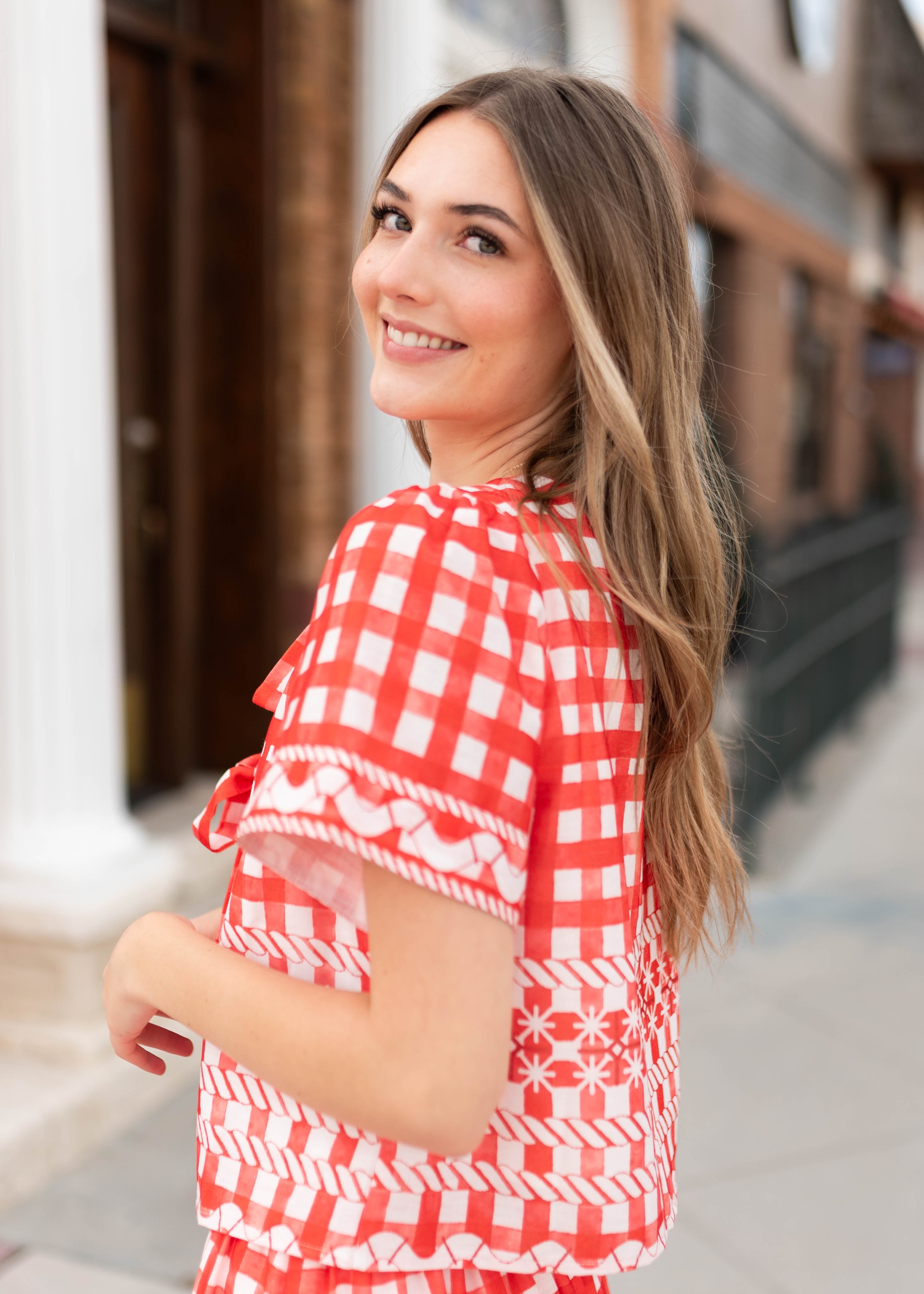 Juliette Red Patterned Tie Blouse
